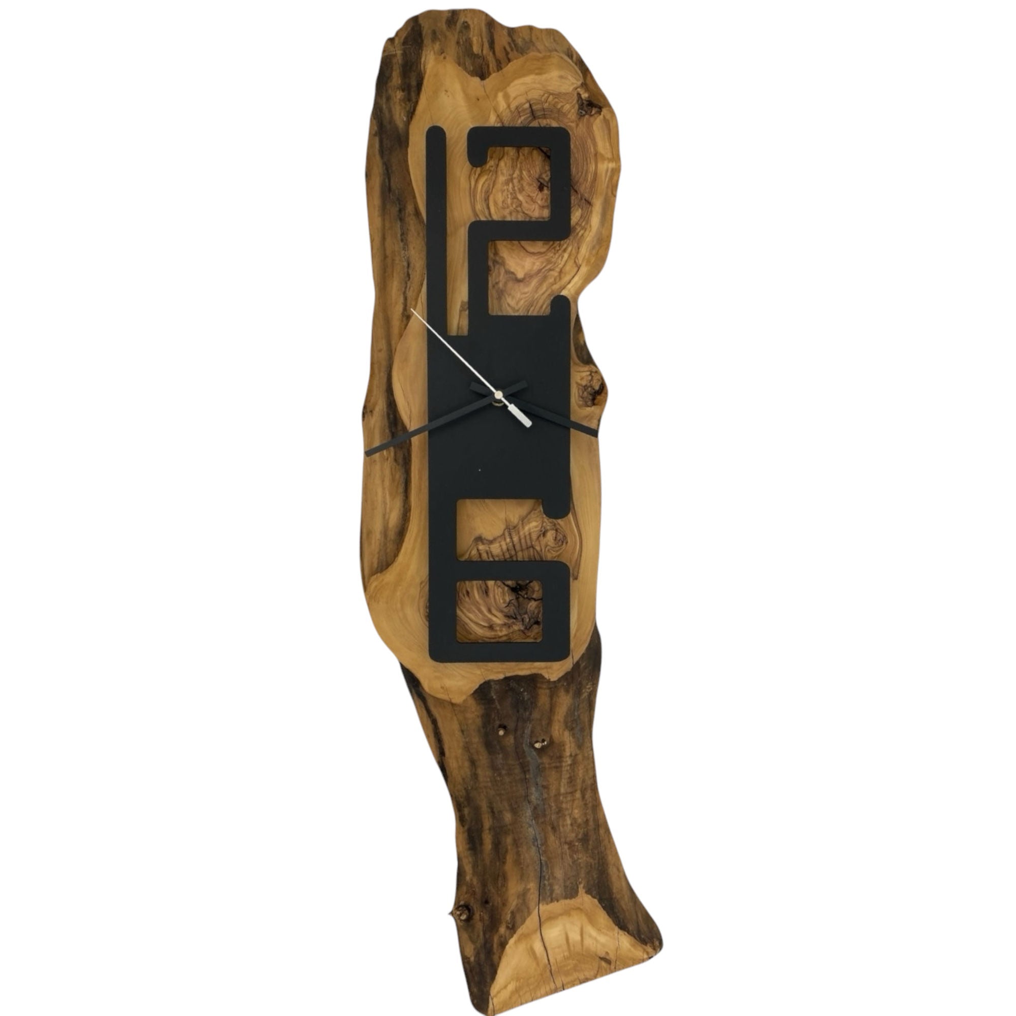 Asymmetrische Form Wanduhr aus Olivenholz, Länge 88 cm, schwarze arabische Ziffern - PRISEWALD
