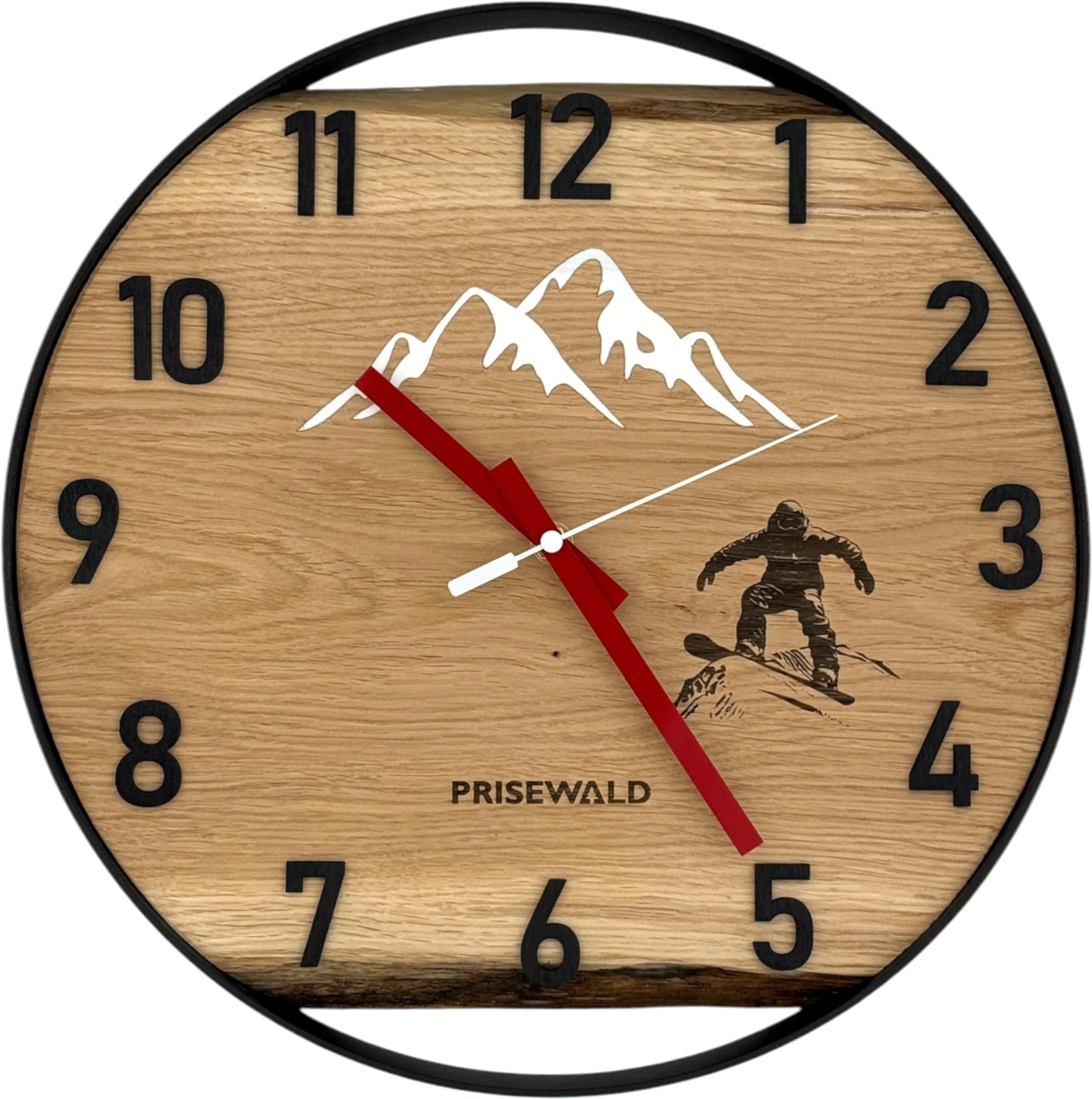 Runde Wanduhr aus Eichenholz, 35 cm, schwarzer Rahmen, arabische Ziffern, weisses Epoxidharz, schneebedeckte Berge, Snowboarder