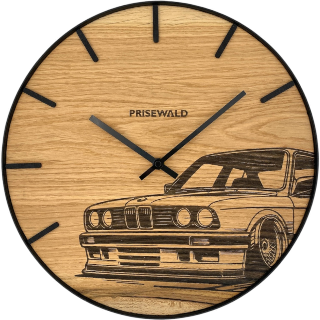 Runde Wanduhr aus Eichenholz, 35 cm, schwarzer Rahmen, Teilstriche Ziffern, BMW - PRISEWALD
