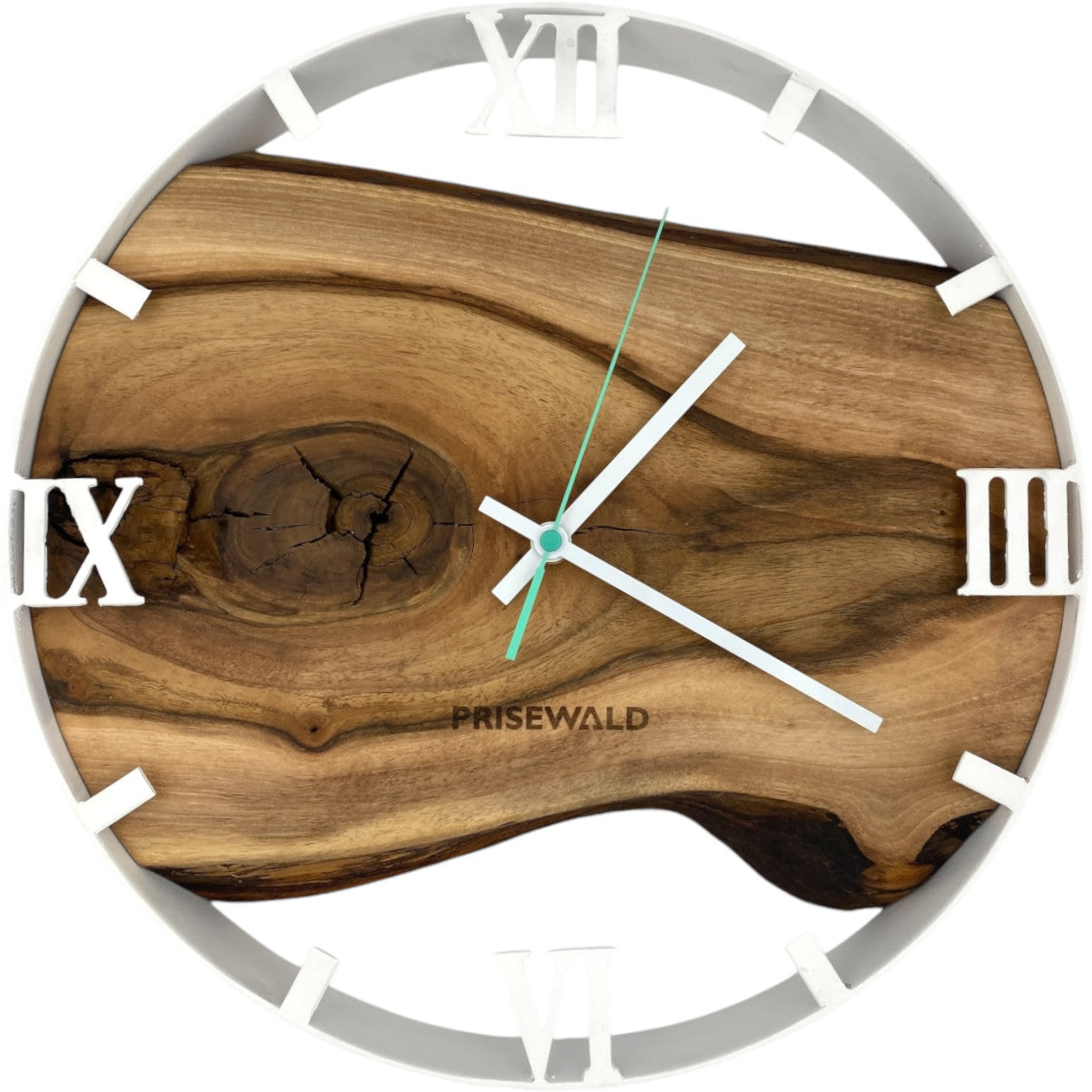 Runde Wanduhr aus Walnussholz, 35 cm, weisser Rahmen, römische Ziffern