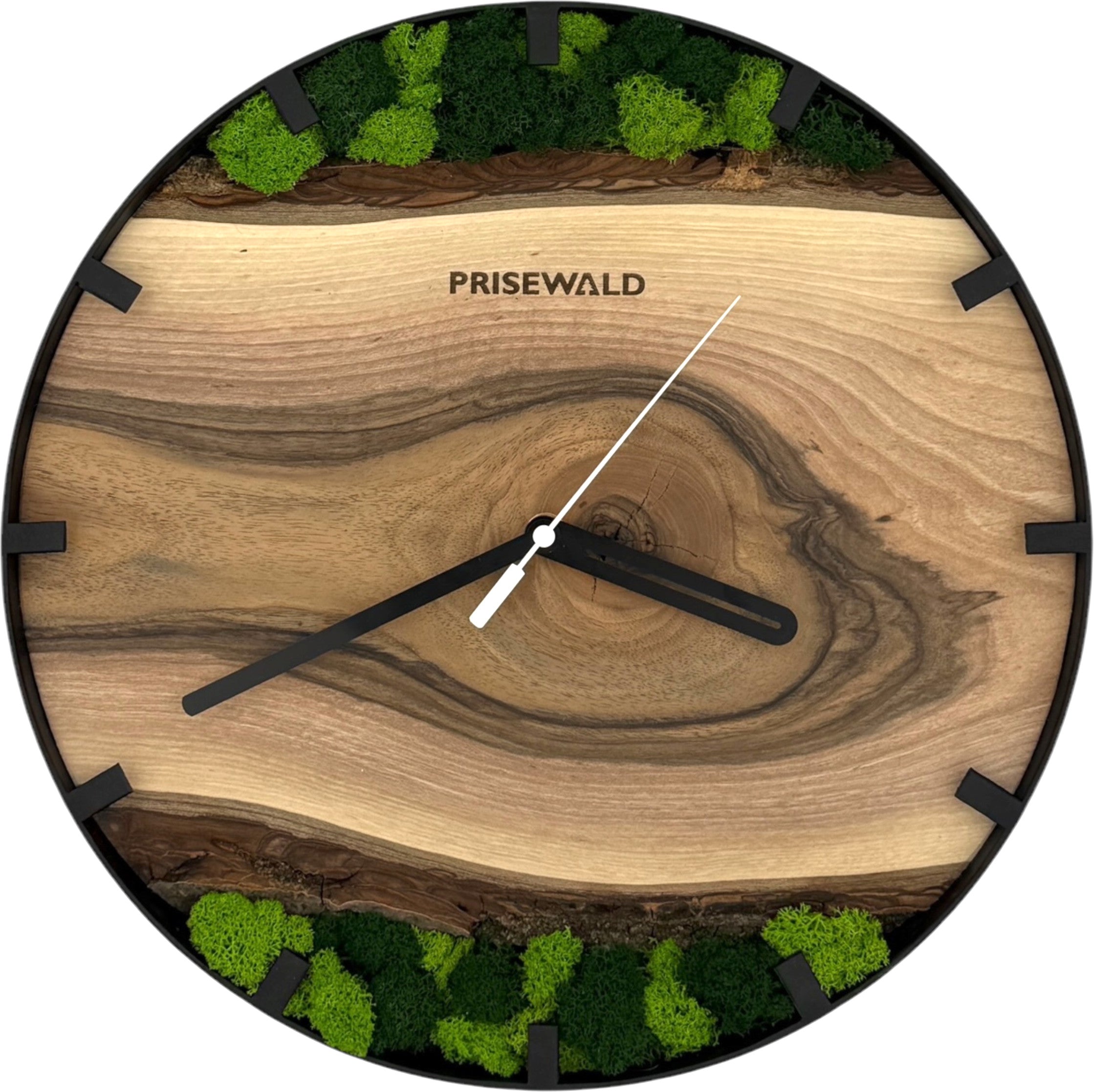Runde Wanduhr aus Walnussholz, 35 cm, Teilstriche Ziffern, schwarzer Rahmen, grünes Moos - PRISEWALD