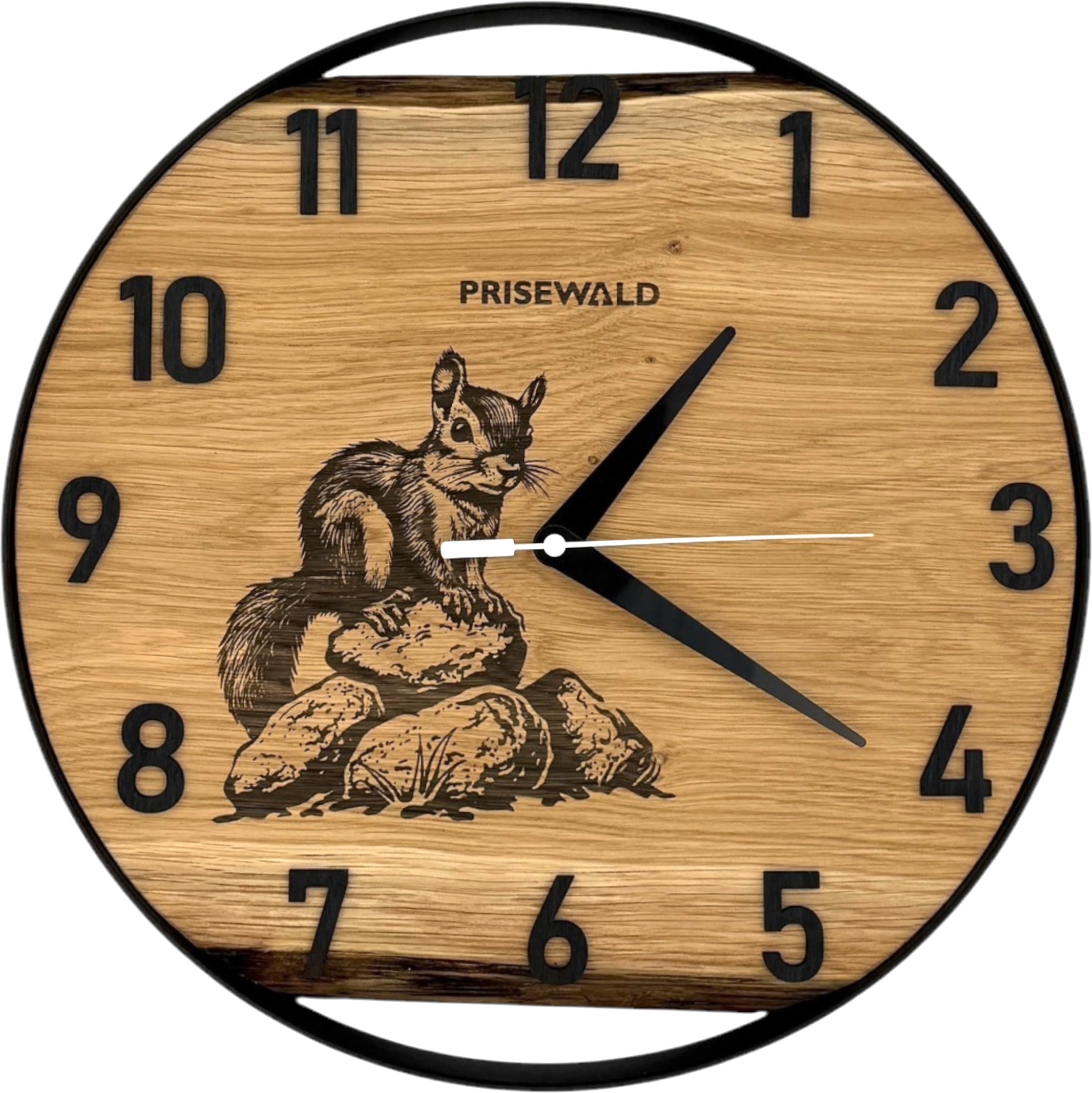 Runde Wanduhr aus Eichenholz, 35 cm, schwarzer Rahmen, arabische Ziffern, Eichhörnchen - PRISEWALD