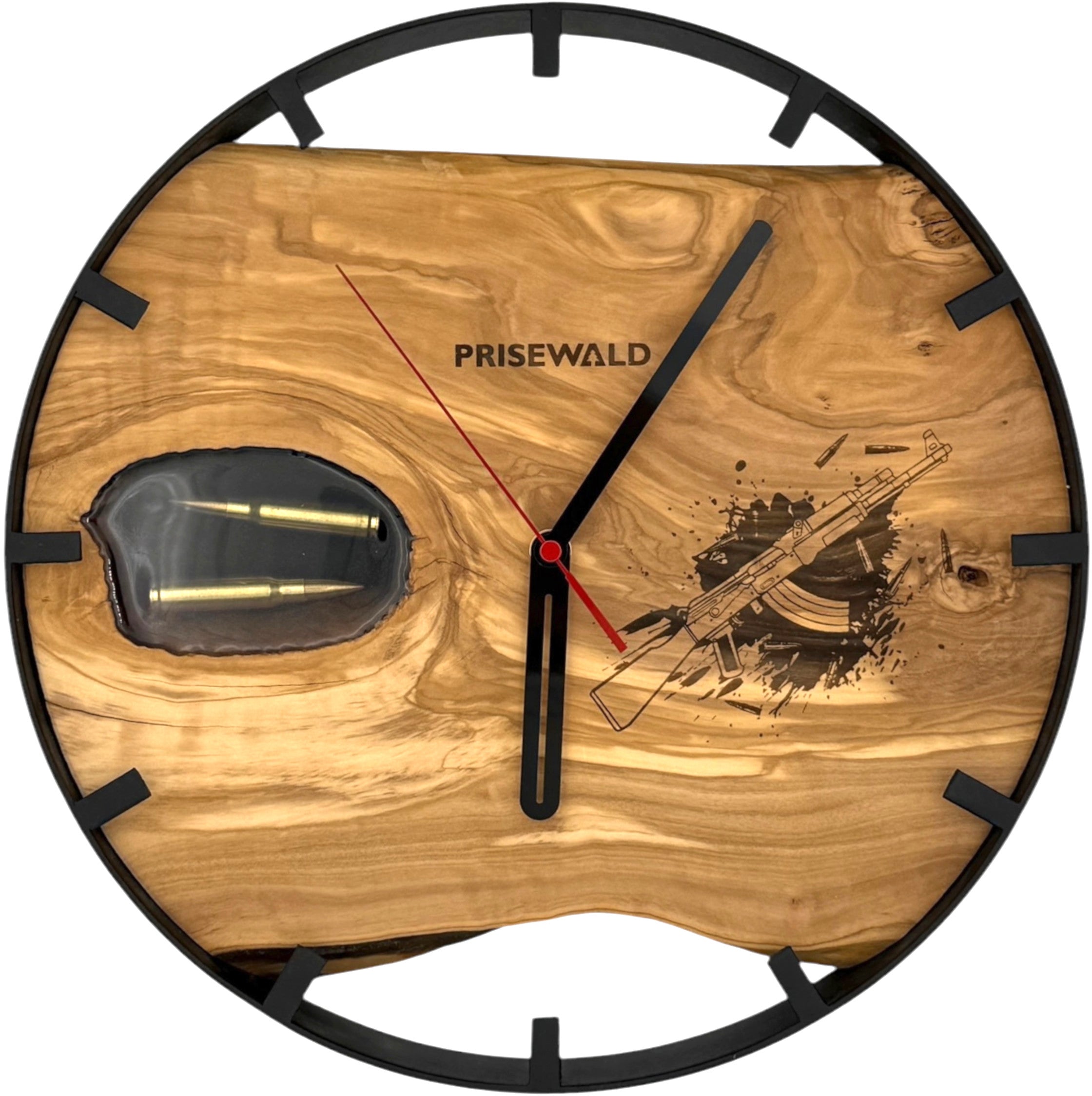 Runde Wanduhr aus Olivenholz, 35 cm, schwarzer Rahmen, Teilstriche Ziffern, Kalashnikov AK-47, Patronen - PRISEWALD