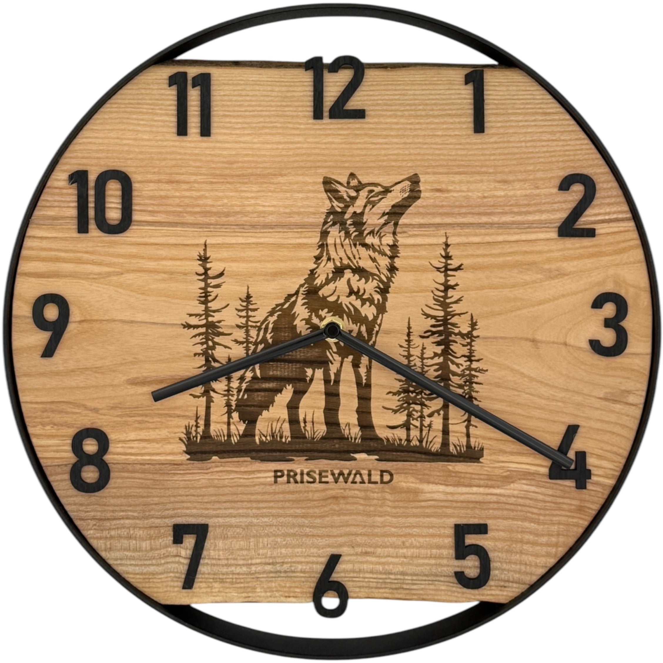 Runde Wanduhr aus Eschenholz, 35 cm, schwarzer Rahmen, arabische Ziffern, Wolf - PRISEWALD