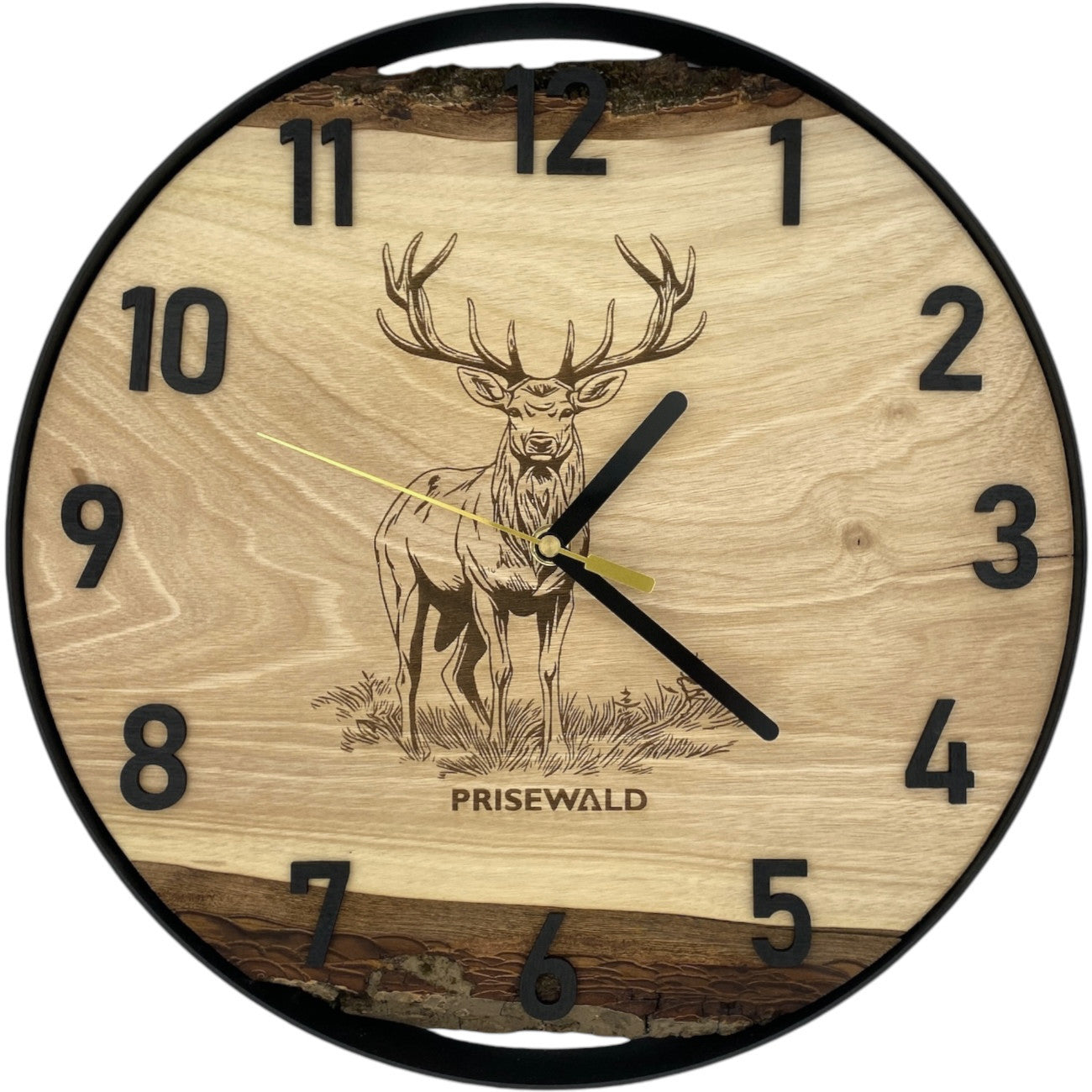 Runde Wanduhr aus Walnussholz, 35 cm, schwarzer Rahmen, arabische Ziffern, Hirsch - PRISEWALD