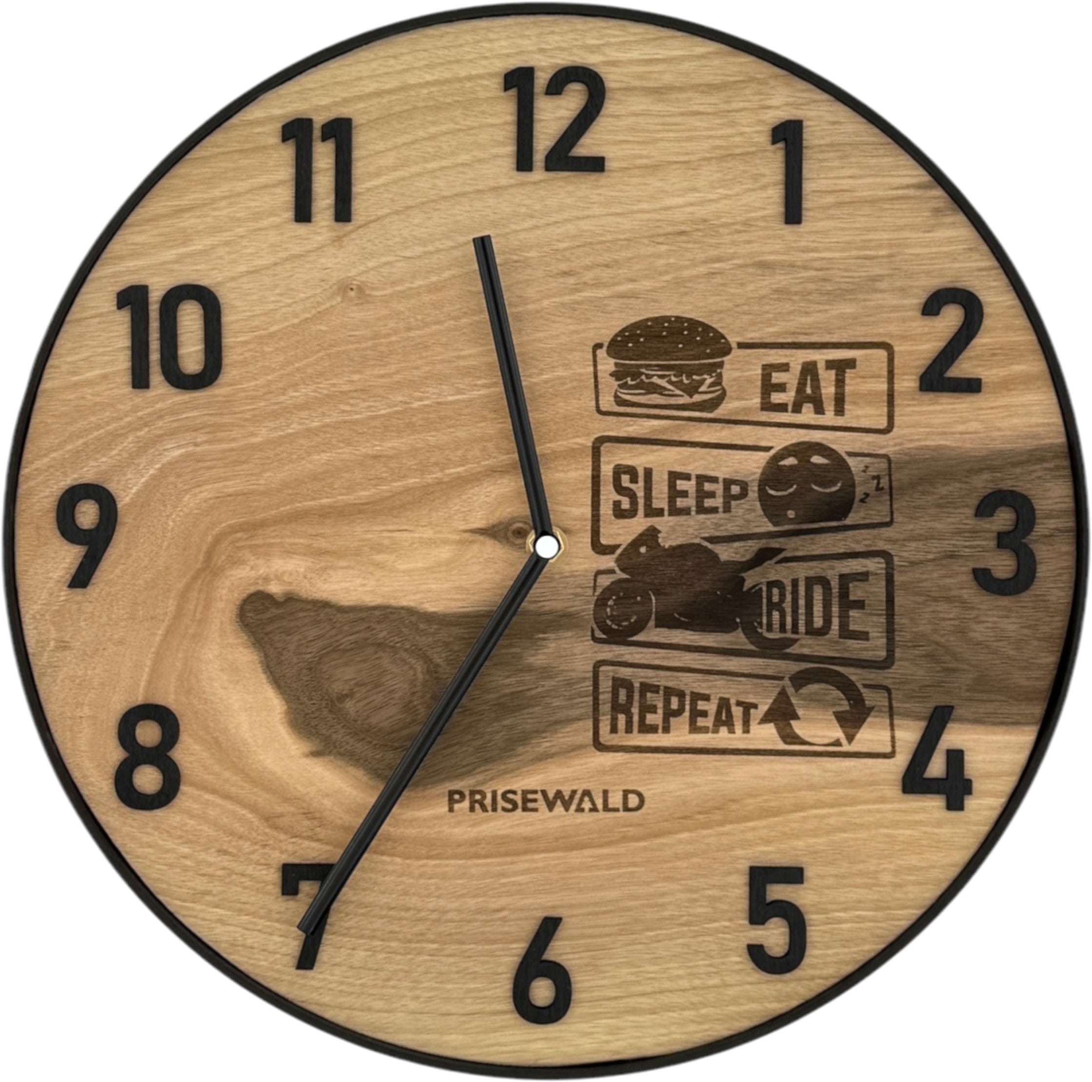 Runde Wanduhr aus Walnussholz, 35 cm, schwarzer Rahmen, arabische Ziffern, "EAT, SLEEP, RIDE, REPEAT" - PRISEWALD