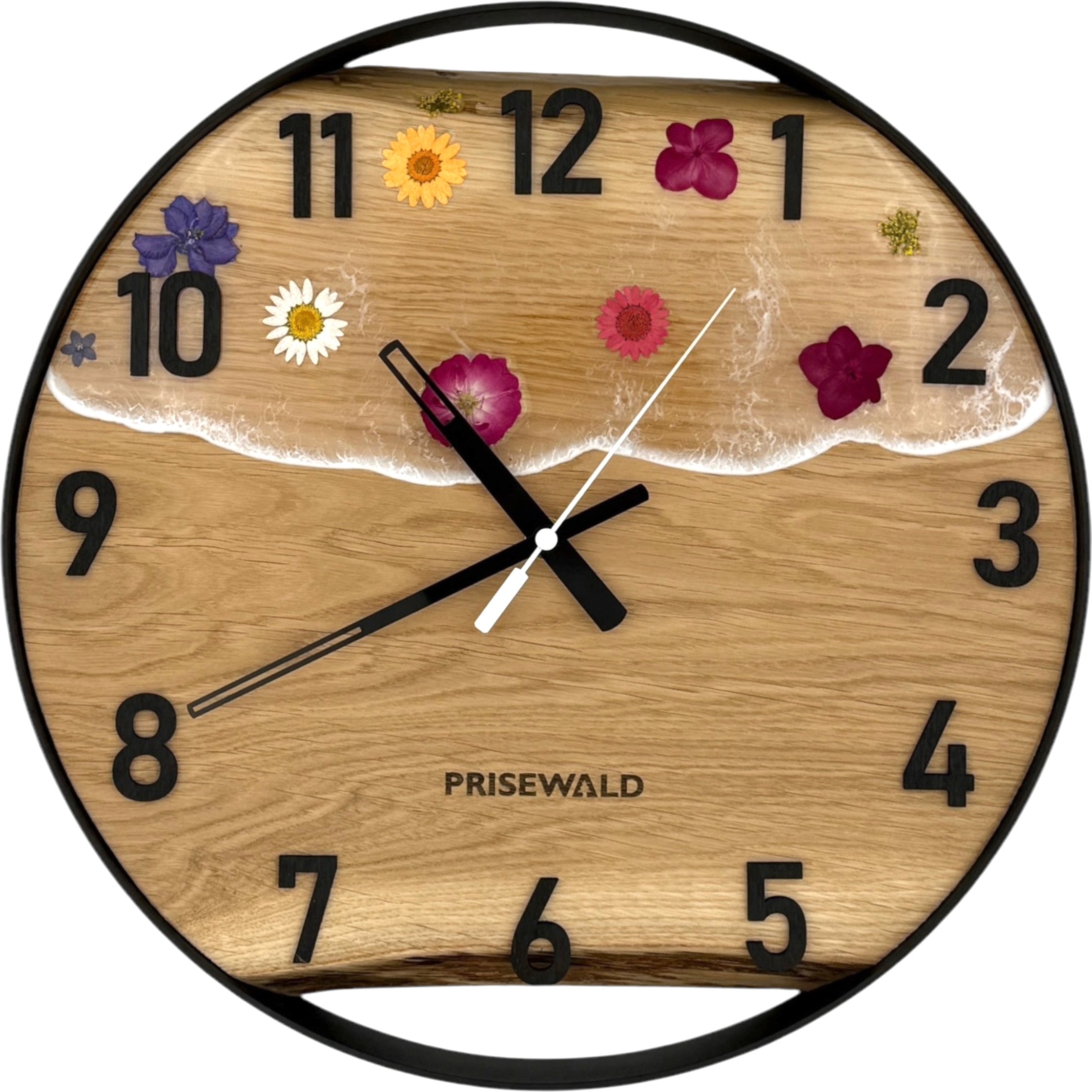 Runde Wanduhr aus Eichenholz, 35 cm, schwarzer Rahmen, arabische Ziffern, Durchsichtiges Epoxidharz, Blumen - PRISEWALD