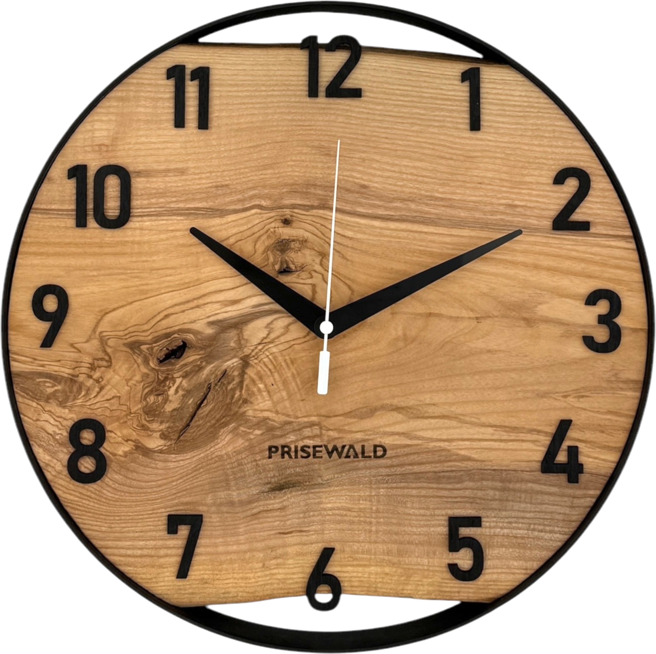 Runde Wanduhr aus Eschenholz, 35 cm, schwarzer Rahmen, arabische Ziffern