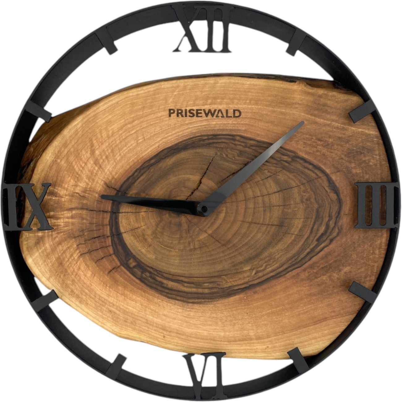 Runde Wanduhr aus Walnussholz, 35 cm, schwarzer Rahmen, römische Ziffern