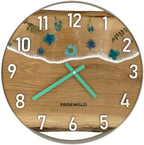 Runde Wanduhr aus Eichenholz, 35 cm, weisser Rahmen, arabische Ziffern, Durchsichtiges Epoxidharz, Blumen - PRISEWALD