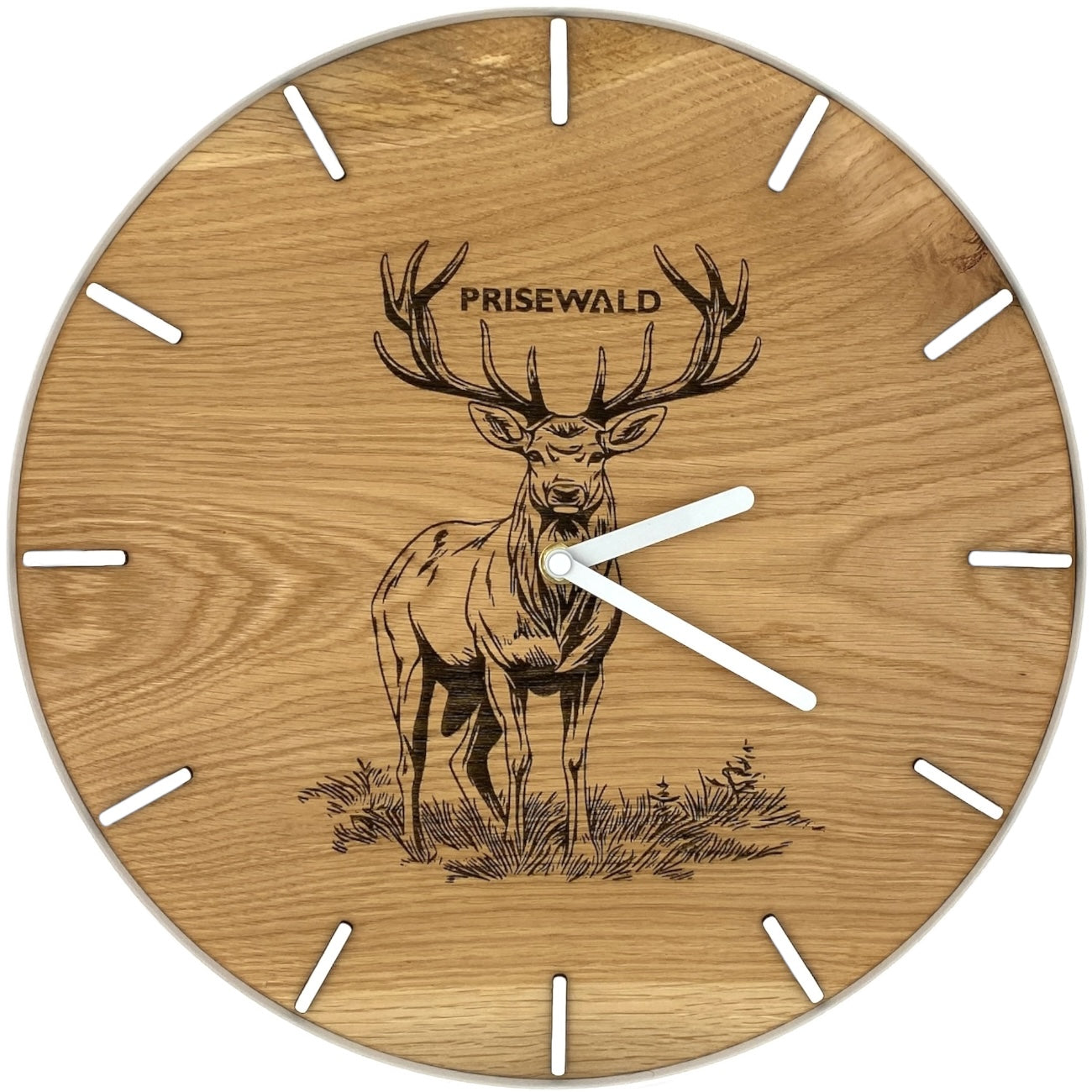 Runde Wanduhr aus Eichenholz, 35 cm, weisser Rahmen, Teilstriche Ziffern, Hirsch - PRISEWALD