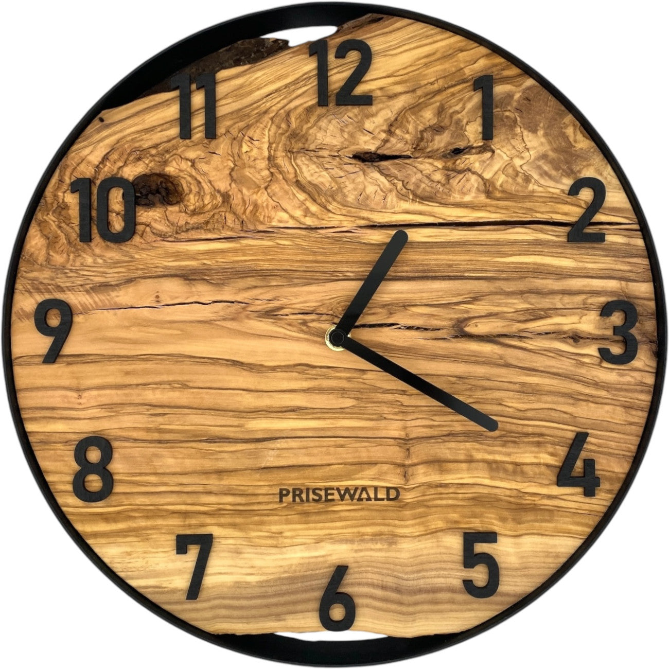 Runde Wanduhr aus Olivenholz, 35 cm, schwarzer Rahmen, arabische Ziffern