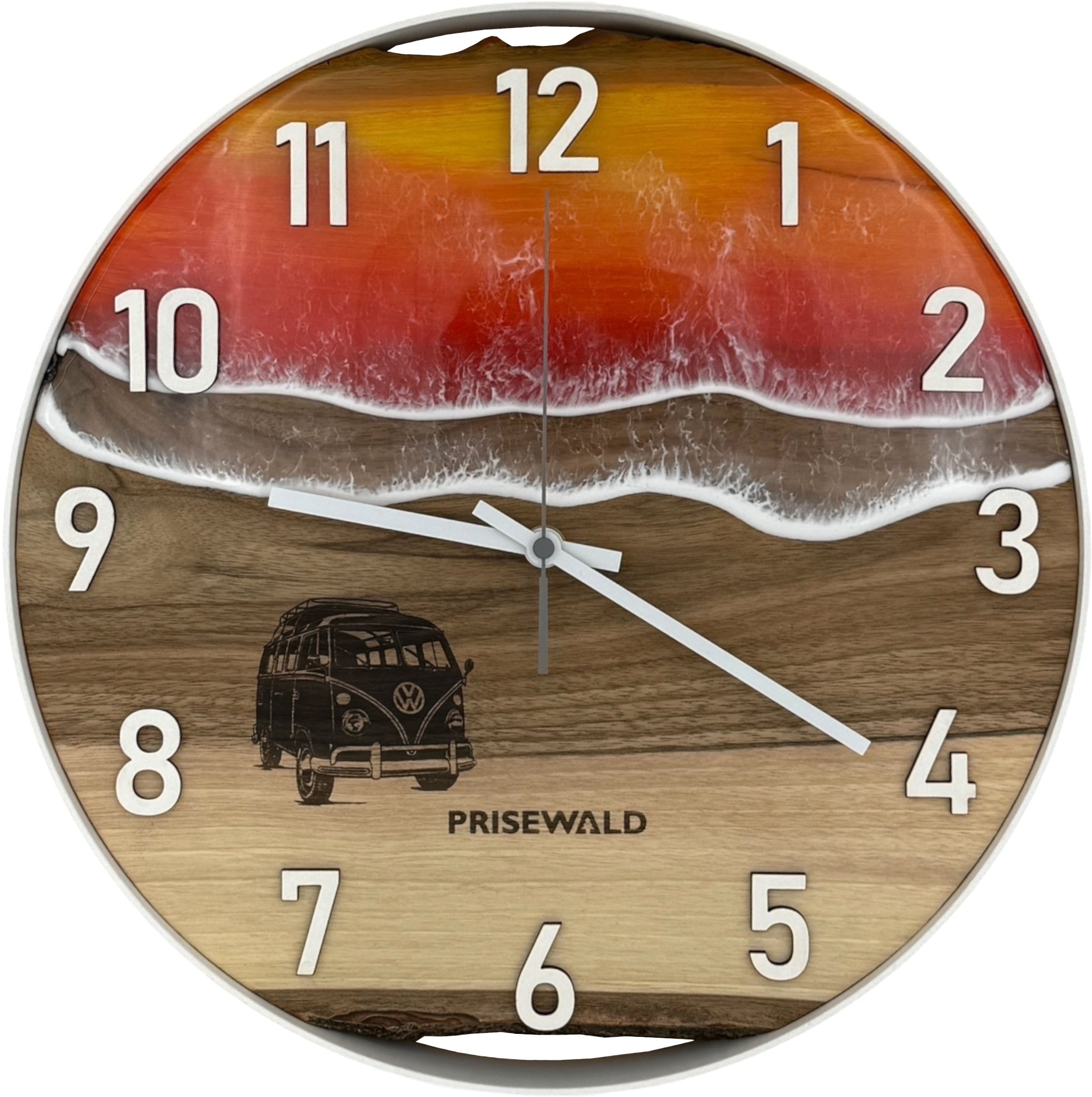 Runde Wanduhr aus Walnussholz, 35 cm, weisser Rahmen, arabische Ziffern, sonnenuntergang farbiges Epoxidharz, VW - PRISEWALD