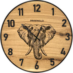 Runde Wanduhr aus Eichenholz, 35 cm, schwarzer Rahmen, arabische Ziffern, Elefant - PRISEWALD