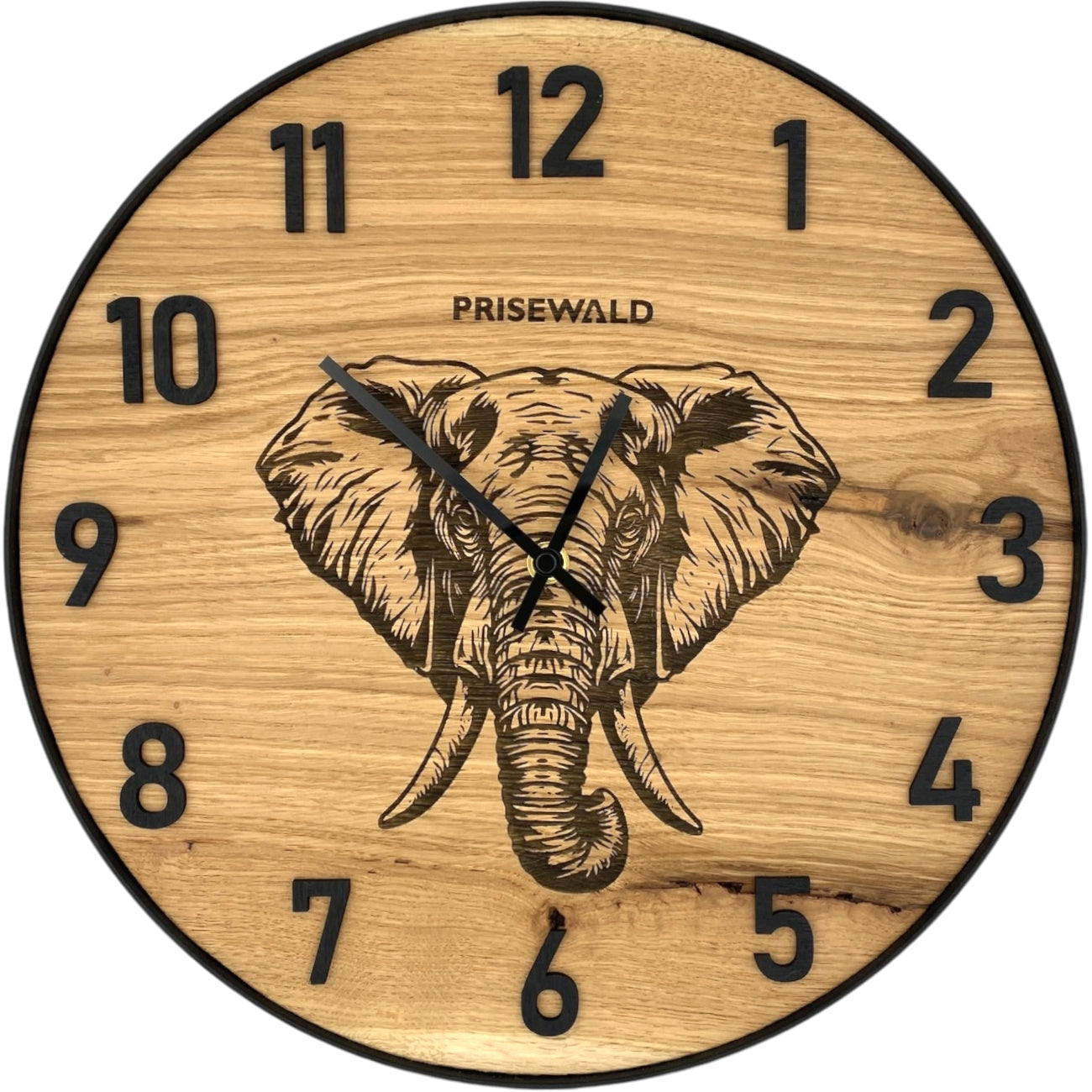Runde Wanduhr aus Eichenholz, 35 cm, schwarzer Rahmen, arabische Ziffern, Elefant - PRISEWALD