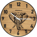 Runde Wanduhr aus Eichenholz, 35 cm, schwarzer Rahmen, arabische Ziffern, Elefant