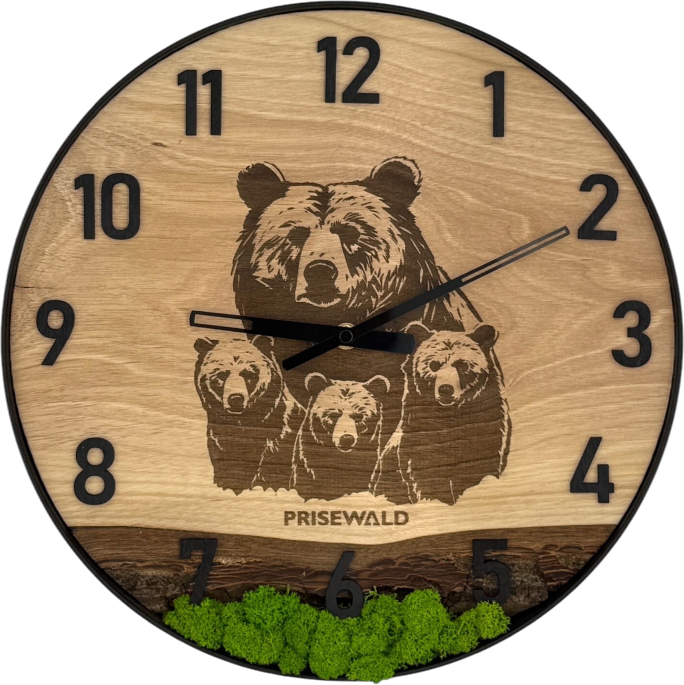 Runde Wanduhr aus Eichenholz, 35 cm, schwarzer Rahmen, arabische Ziffern, grünes Moos, Bären - PRISEWALD