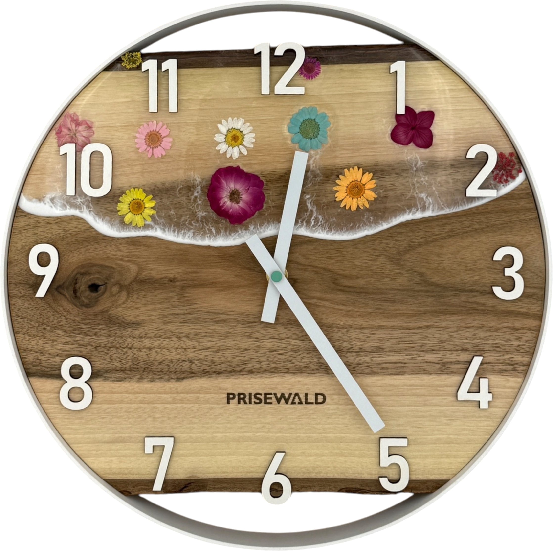 Runde Wanduhr aus Walnussholz, 35 cm, weisser Rahmen, arabische Ziffern, Durchsichtiges Epoxidharz, Blumen - PRISEWALD