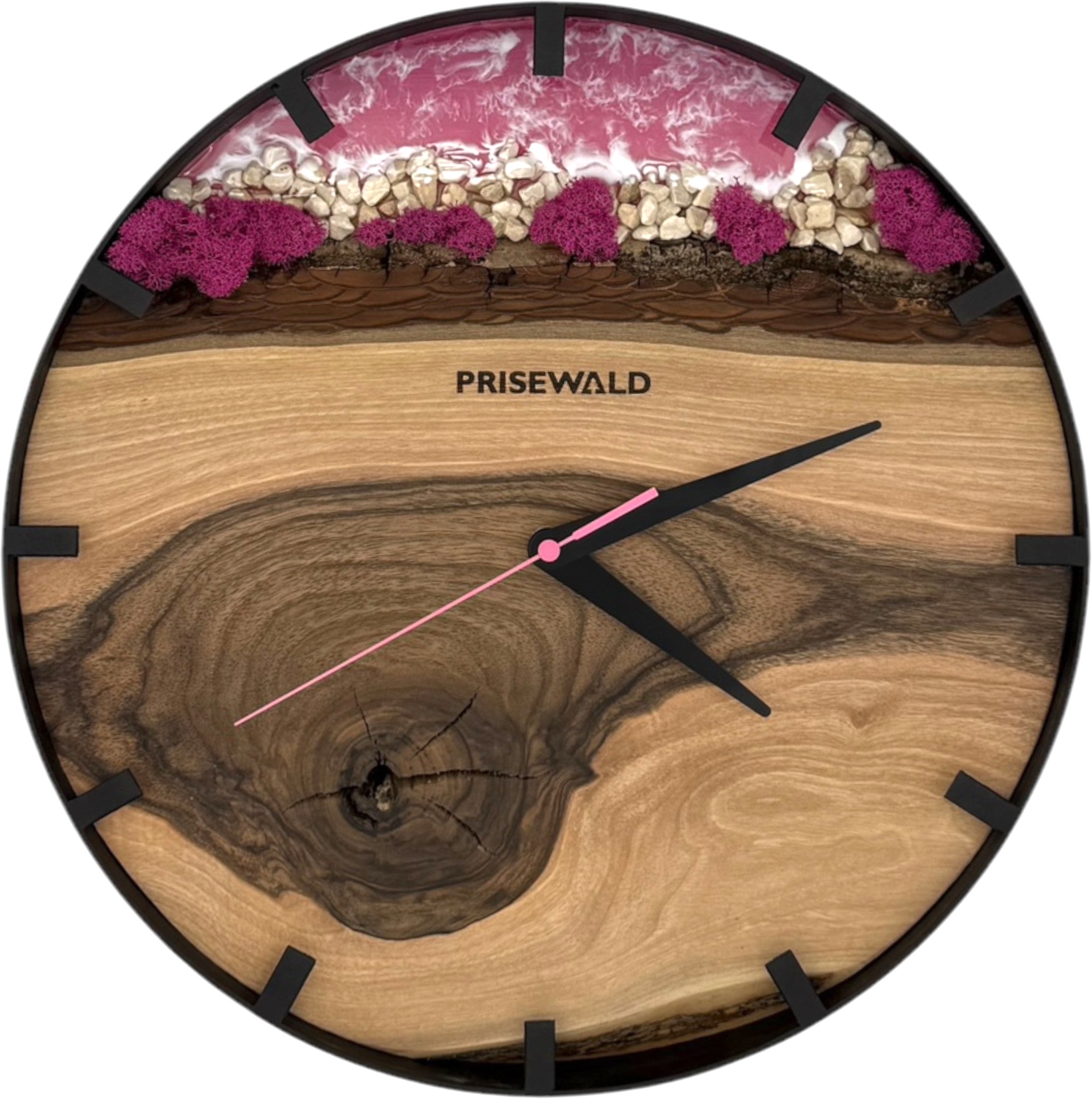 Runde Wanduhr aus Walnussholz, 35 cm, schwarzer Rahmen, teilstriche Ziffern, rosa Epoxidharz, rosa Moos, Steine - PRISEWALD
