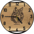 Runde Wanduhr aus Eichenholz, 35 cm, schwarzer Rahmen, arabische Ziffern, Wolf - PRISEWALD