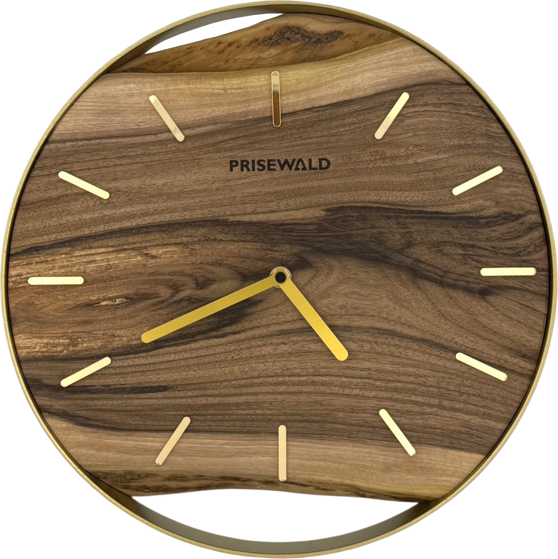 Runde Wanduhr aus Walnussholz, 35 cm, goldener Rahmen, Teilstriche Ziffern