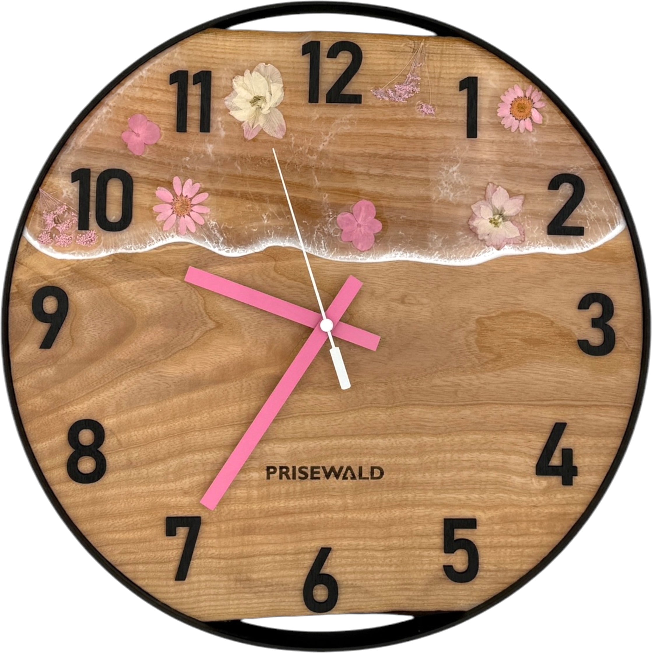 Runde Wanduhr aus Eschenholz, 35 cm, schwarzer Rahmen, arabische Ziffern, Durchsichtiges Epoxidharz, Rosa Blumen 🌸 - PRISEWALD