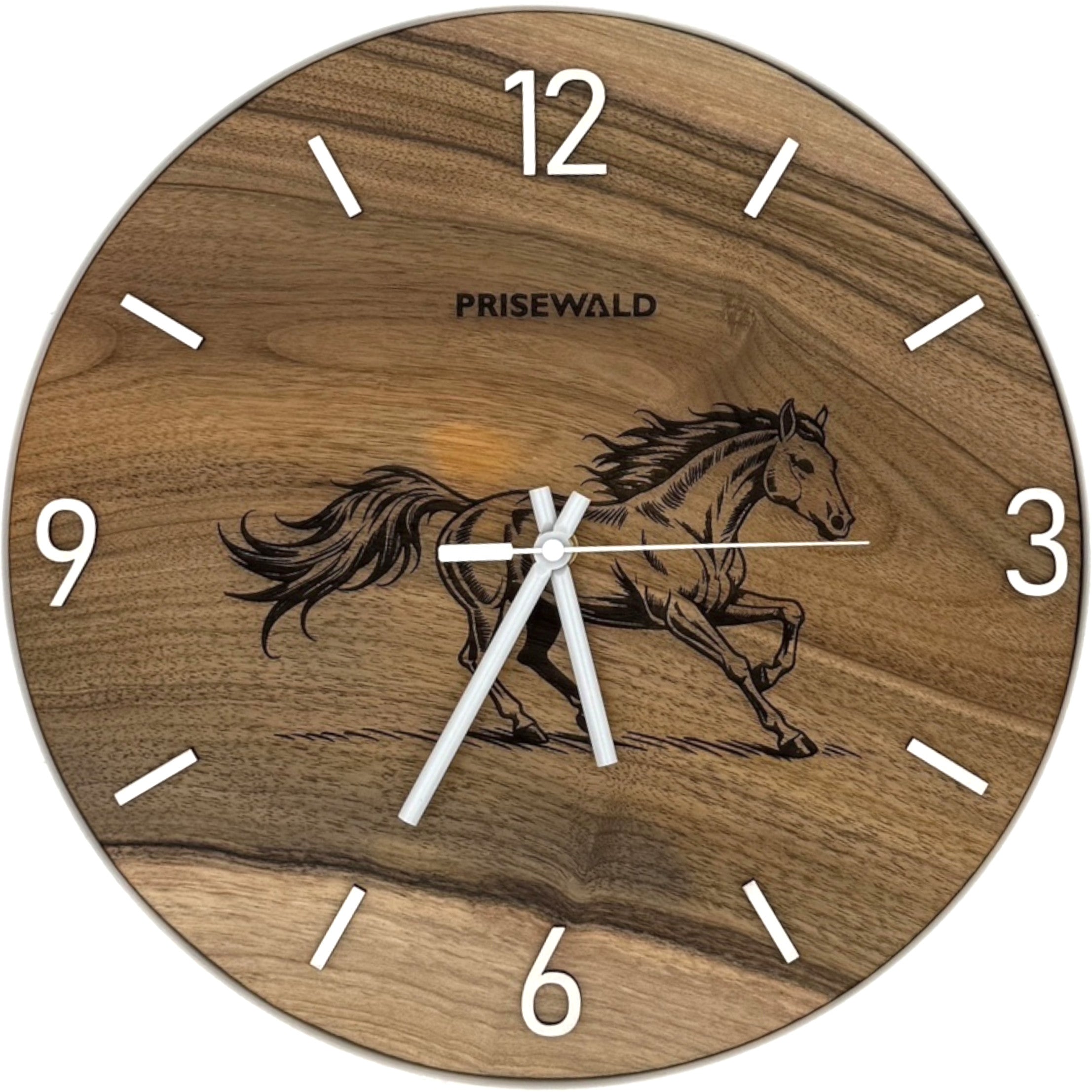 Runde Wanduhr aus Walnussholz, 35 cm, weisser Rahmen, arabische Ziffern, Pferd 🐎 - PRISEWALD