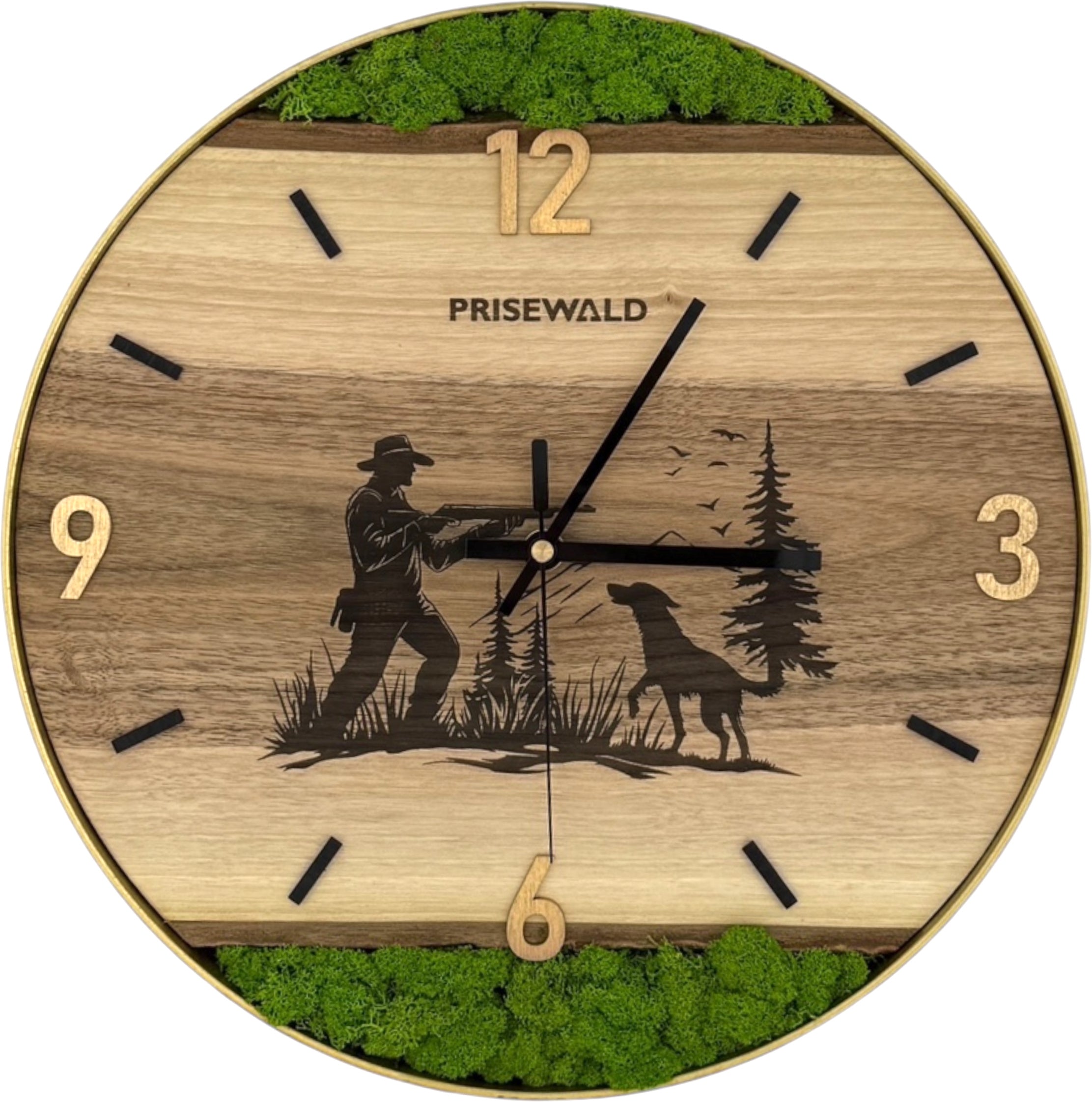 Runde Wanduhr aus Walnussholz, 35 cm, goldener Rahmen, arabische Ziffern, grünes Moos, Jäger mit Hund 🐕 - PRISEWALD