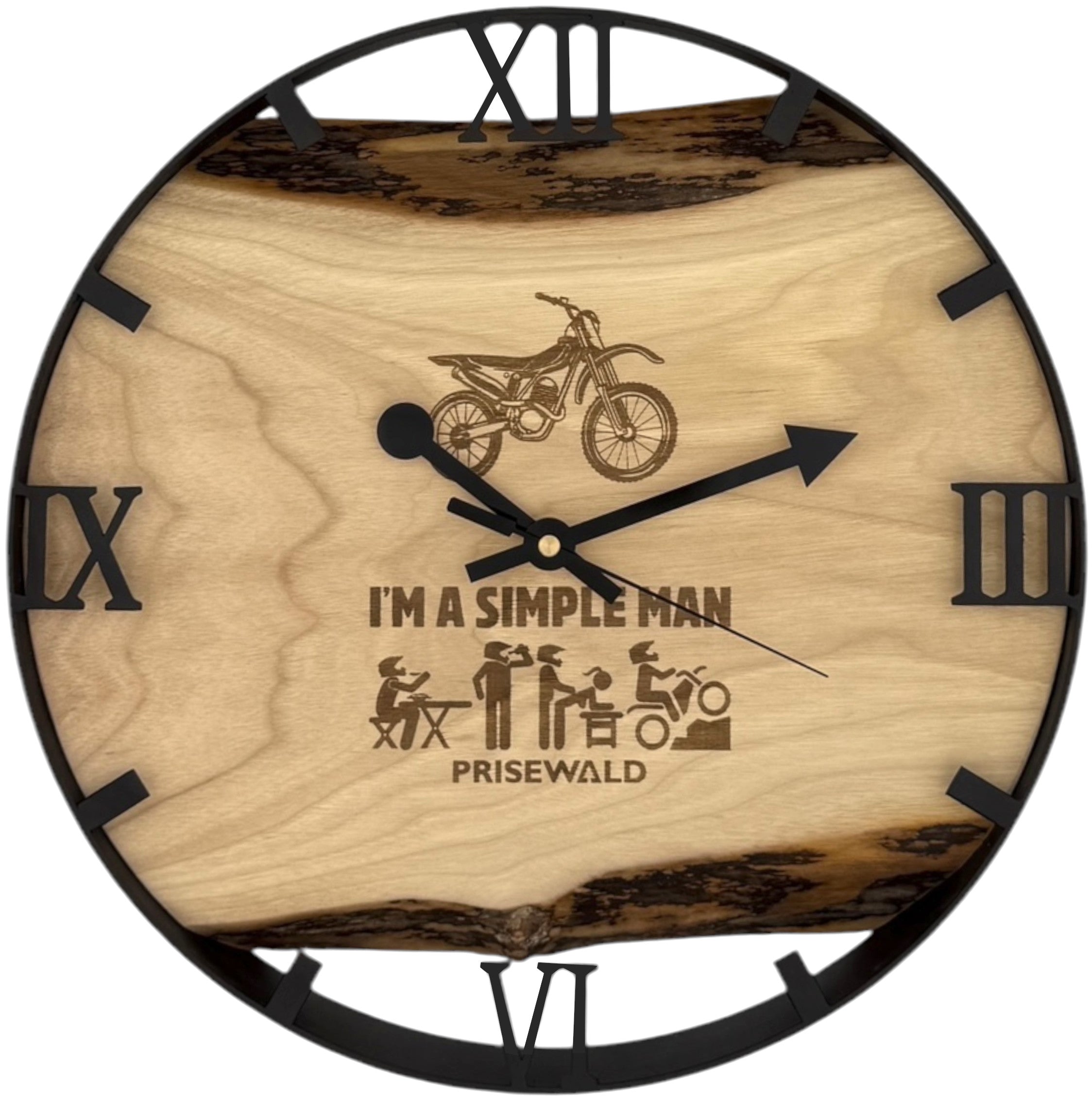 Runde Wanduhr aus Walnussholz, 35 cm, schwarzer Rahmen, römische Ziffern, Motocross, I'M A SIMPLE MAN 🏍️ - PRISEWALD