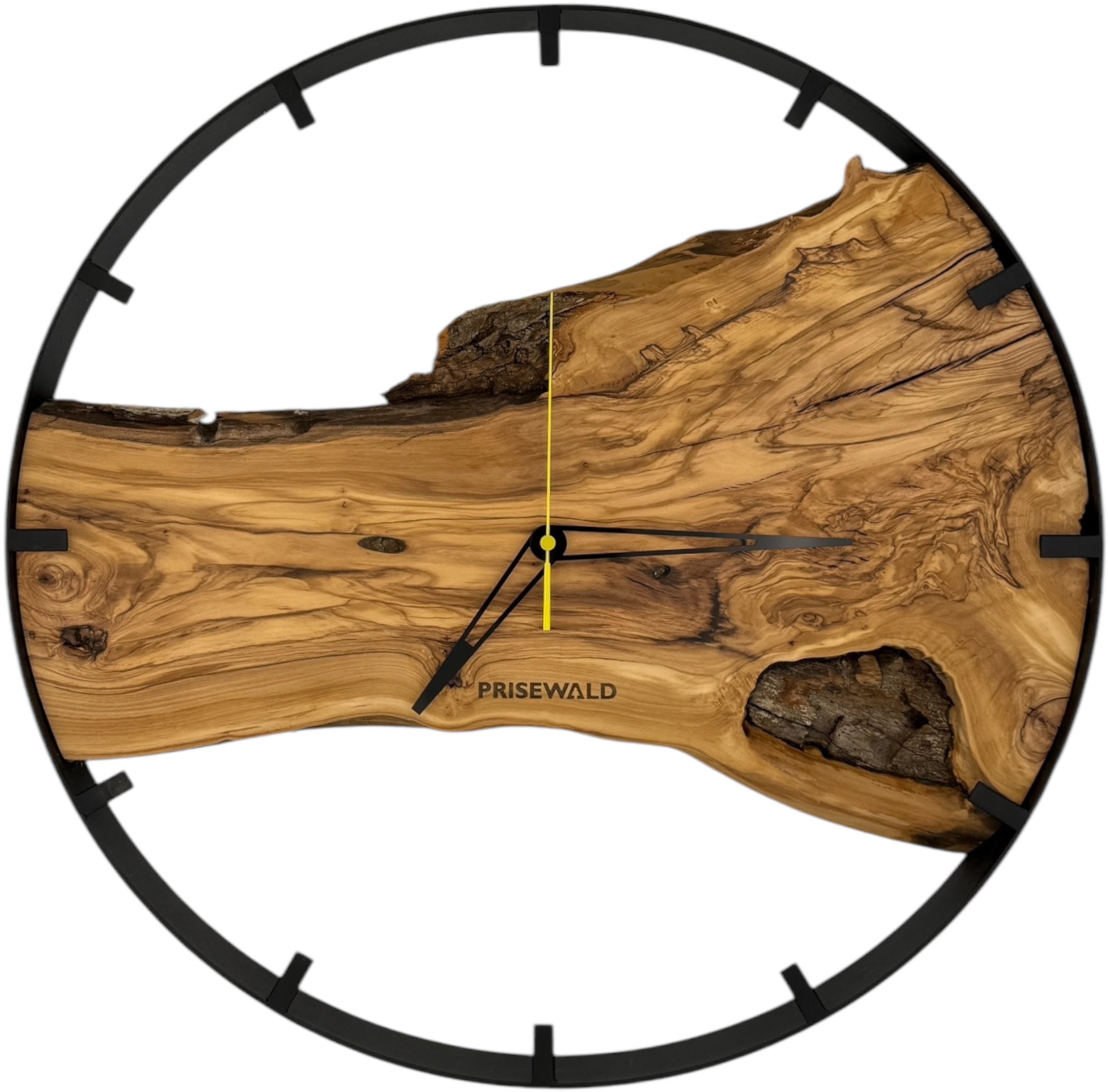Runde Wanduhr aus Olivenholz, 50 cm, schwarzer Rahmen, Teilstriche Ziffern
