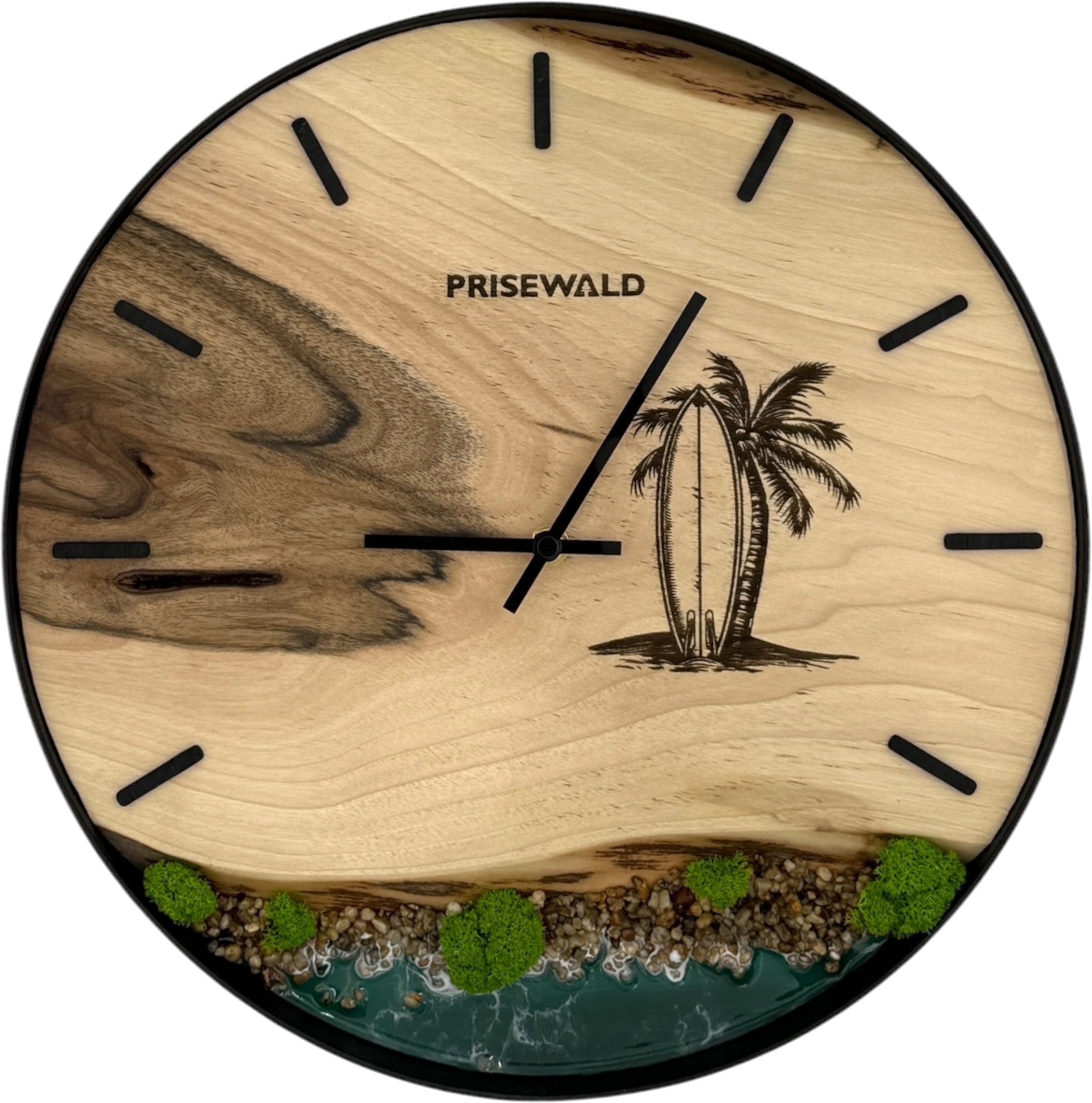 Runde Wanduhr aus Walnussholz, 35 cm, schwarzer Rahmen, Teilstriche Ziffern, türkises Epoxidharz, grünes Moos, Insel, Surfbrett, Küste