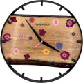 Runde Wanduhr aus Walnussholz, 35 cm, schwarzer Rahmen, Teilstriche Ziffern, Durchsichtiges Epoxidharz, Blumen - PRISEWALD