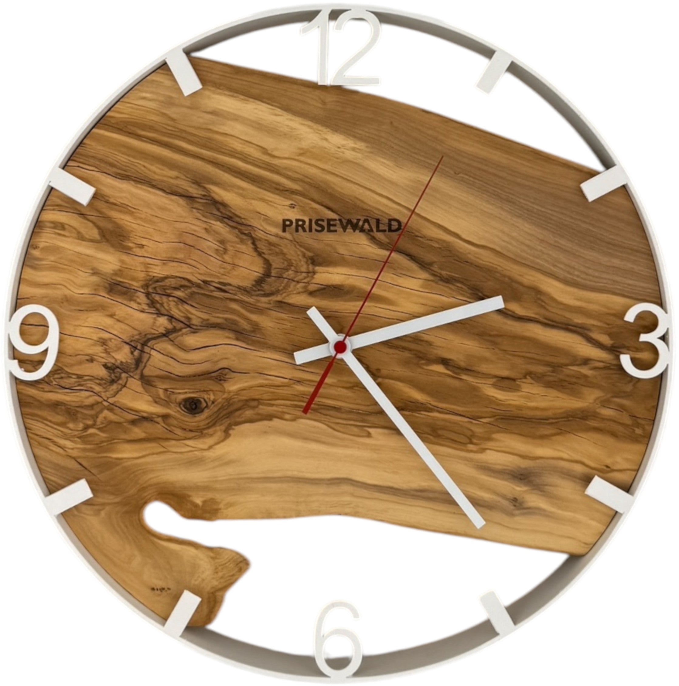 Runde Wanduhr aus Olivenholz, 35 cm, weisser Rahmen, arabische Ziffern