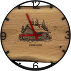 Runde Wanduhr aus Eichenholz, 35 cm, schwarzer Rahmen, arabische Ziffern, Haus in den Bergen, - PRISEWALD