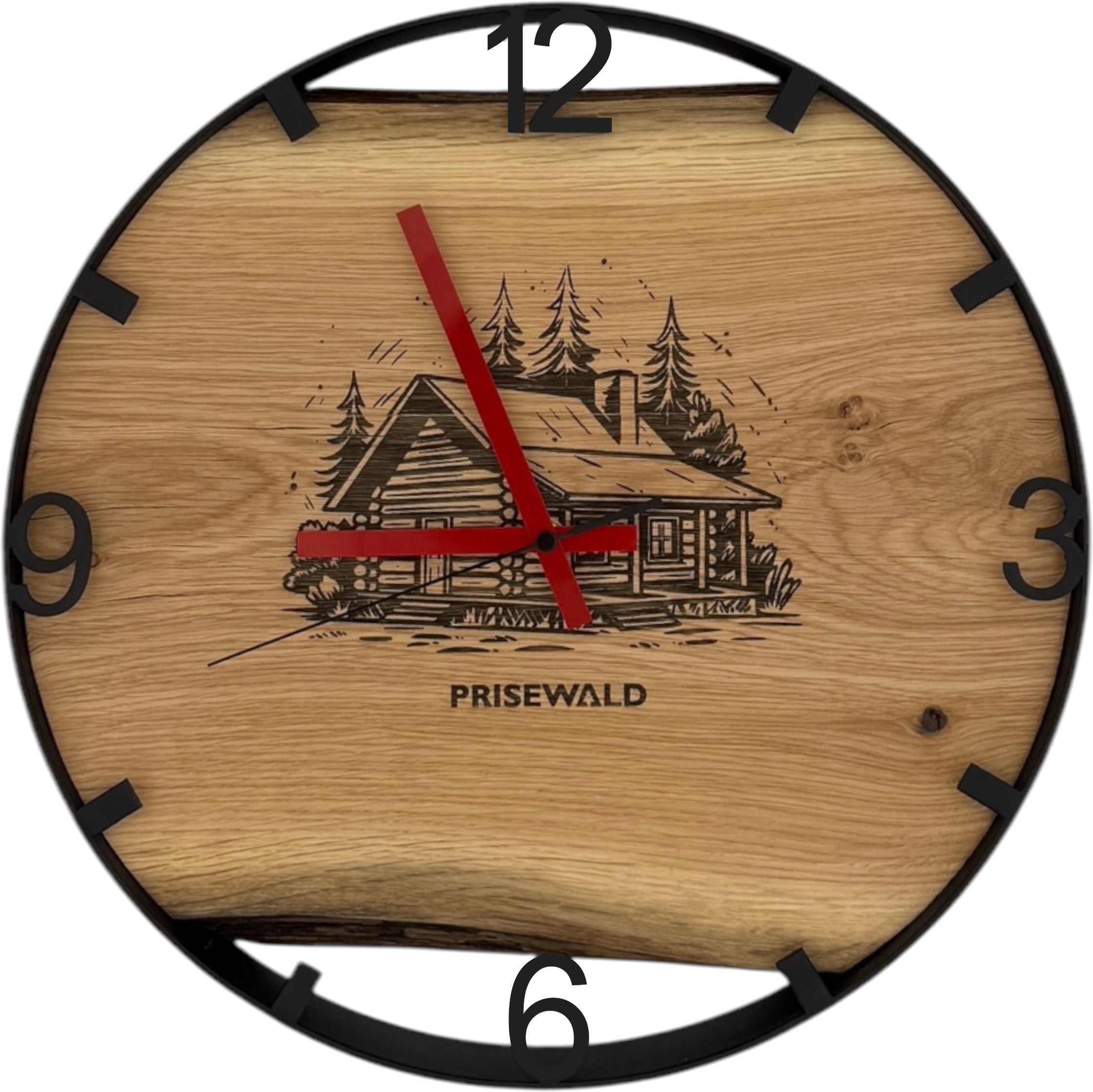 Runde Wanduhr aus Eichenholz, 35 cm, schwarzer Rahmen, arabische Ziffern, Haus in den Bergen,