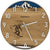 Runde Wanduhr aus Eichenholz, 35 cm, weisser Rahmen, arabische Ziffern, schneebedeckte Berge, Skifahrer
