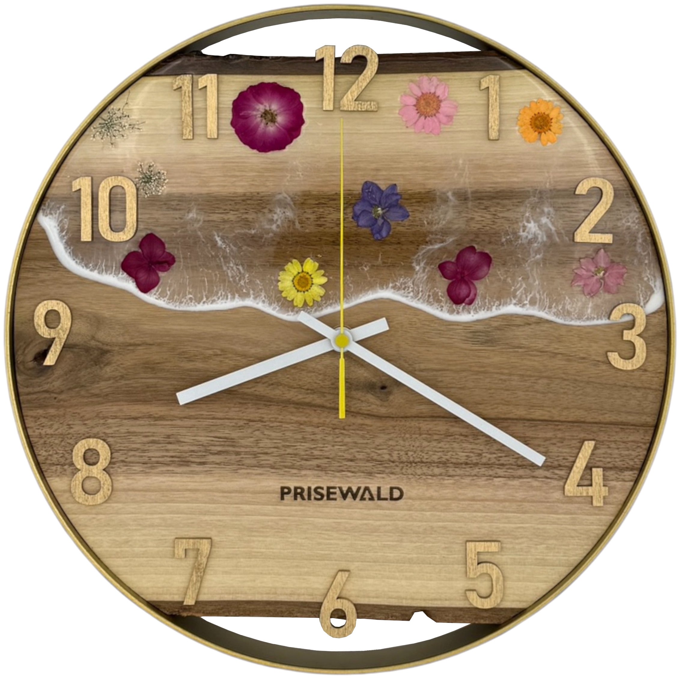 Runde Wanduhr aus Walnussholz, 35 cm, goldener Rahmen, arabische Ziffern, Durchsichtiges Epoxidharz, Blumen