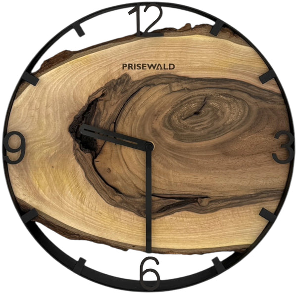 Runde Wanduhr aus Walnussholz, 35 cm, schwarzer Rahmen, arabische Ziffern