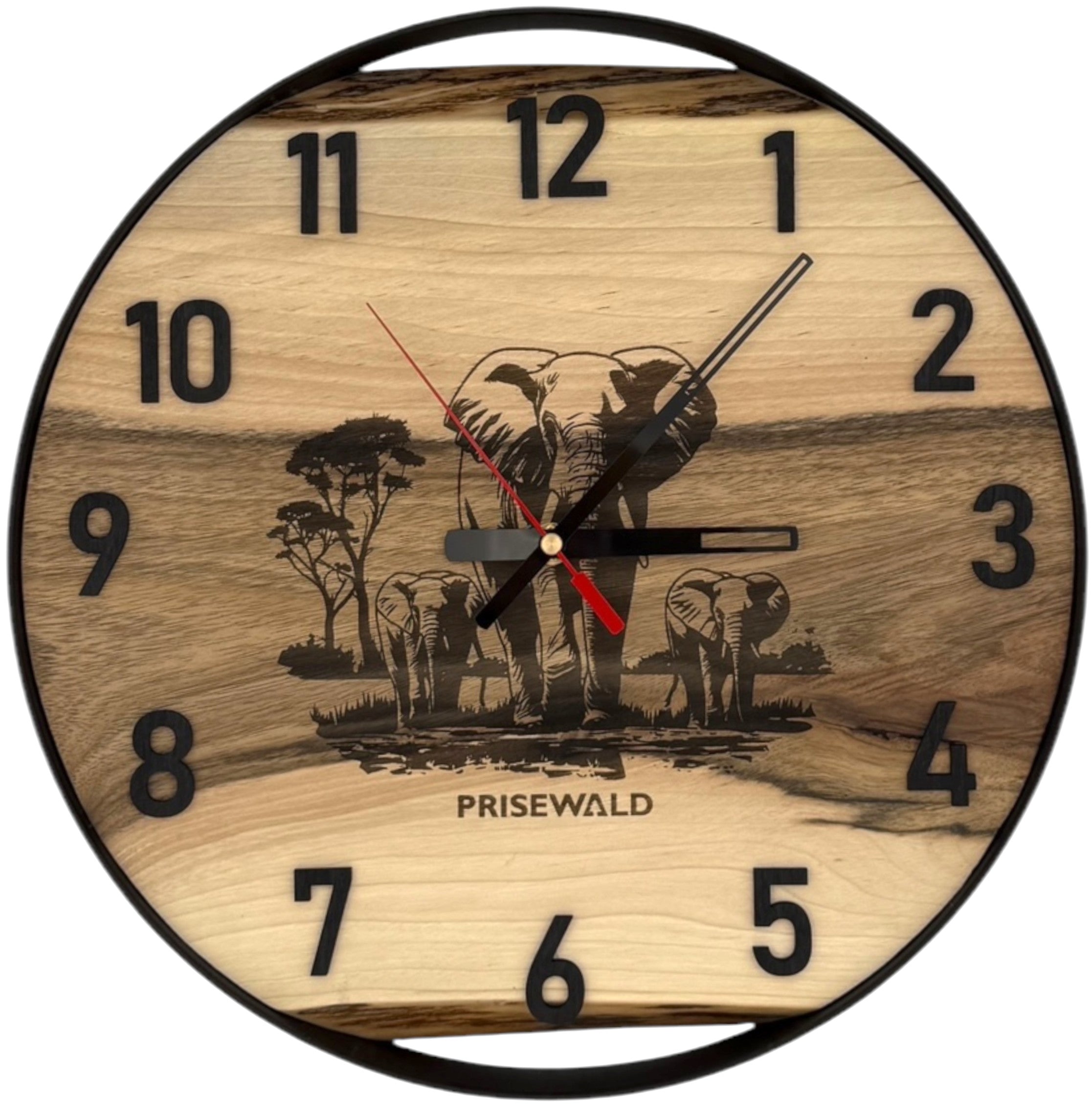 Runde Wanduhr aus Walnussholz, 35 cm, schwarzer Rahmen, arabische Ziffern, Elefanten in der Savanne