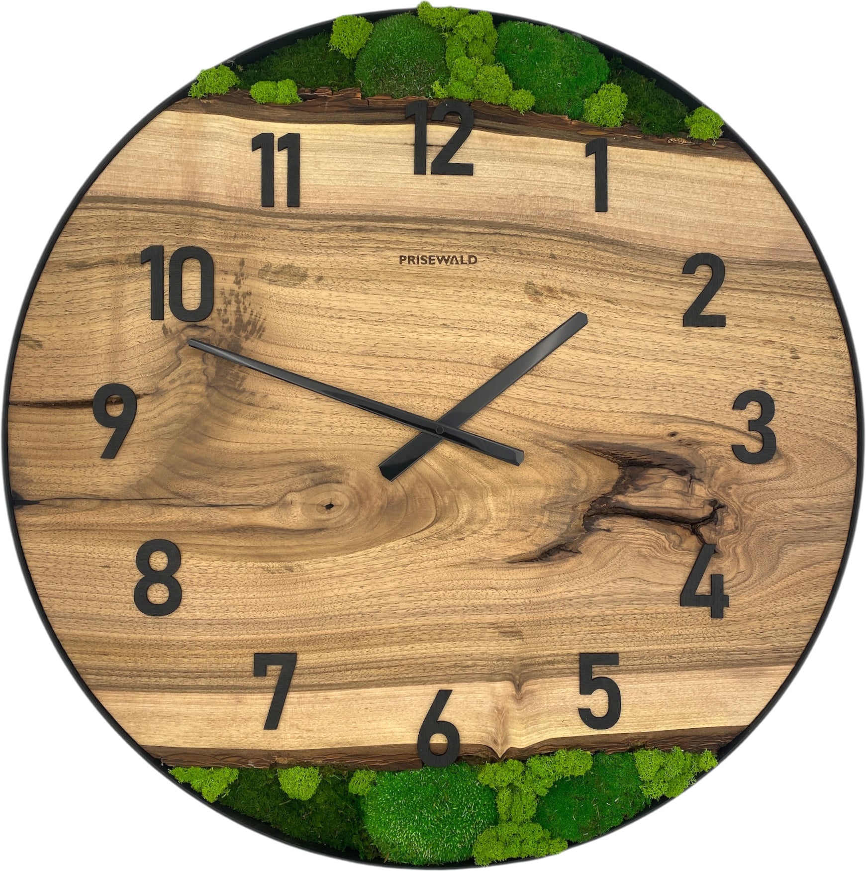 Runde Wanduhr aus Walnussholz, 70 cm, schwarzer Rahmen, arabische Ziffern, grünes Moos - PRISEWALD