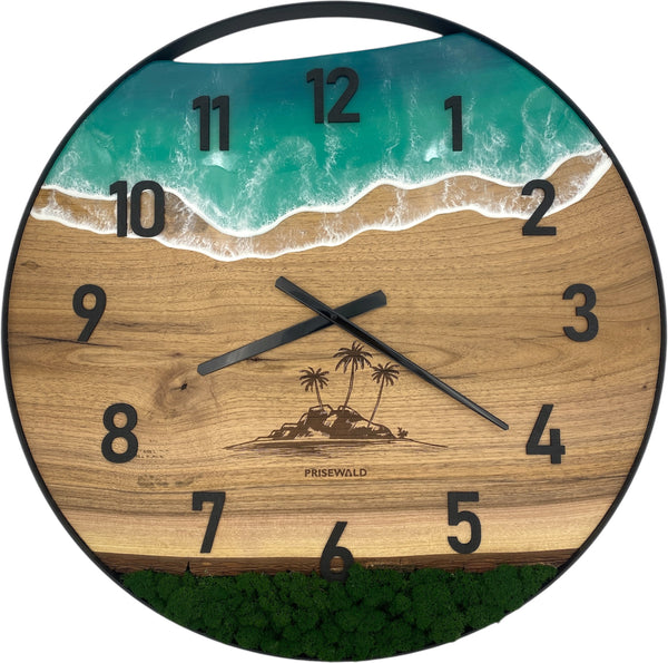 Runde Wanduhr aus Walnussholz, 70 cm, schwarzer Rahmen, arabische Ziffern, türkises Epoxidharz, grünes Moos, Insel mit Palmen