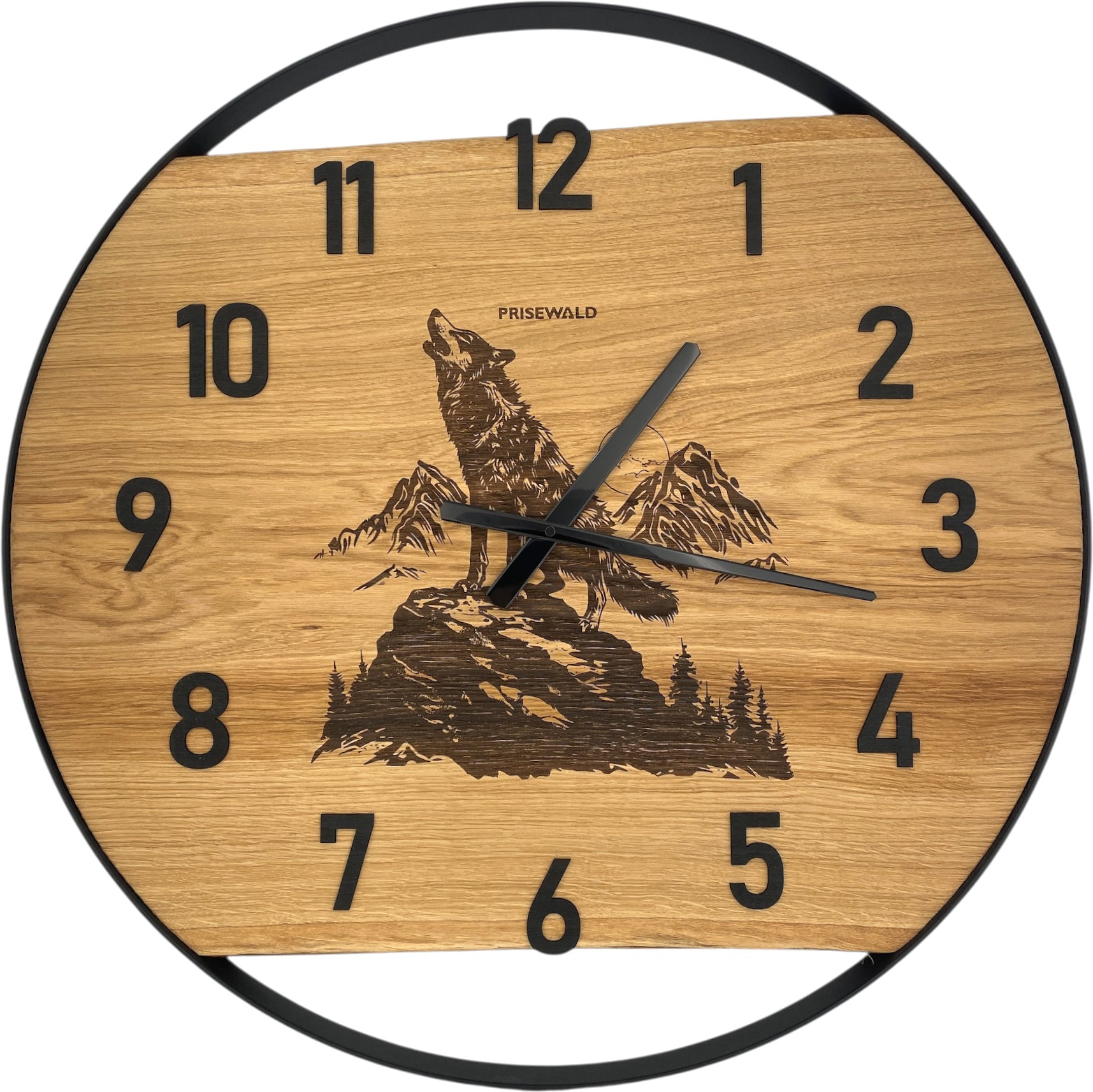 Runde Wanduhr aus Eichenholz, 70 cm, schwarzer Rahmen, arabische Ziffern, Wolf - PRISEWALD