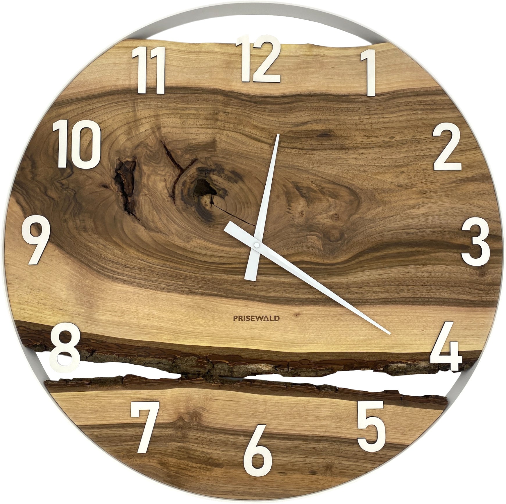 Runde Wanduhr aus Walnussholz, 70 cm, weisser Rahmen, weisse arabische Ziffern