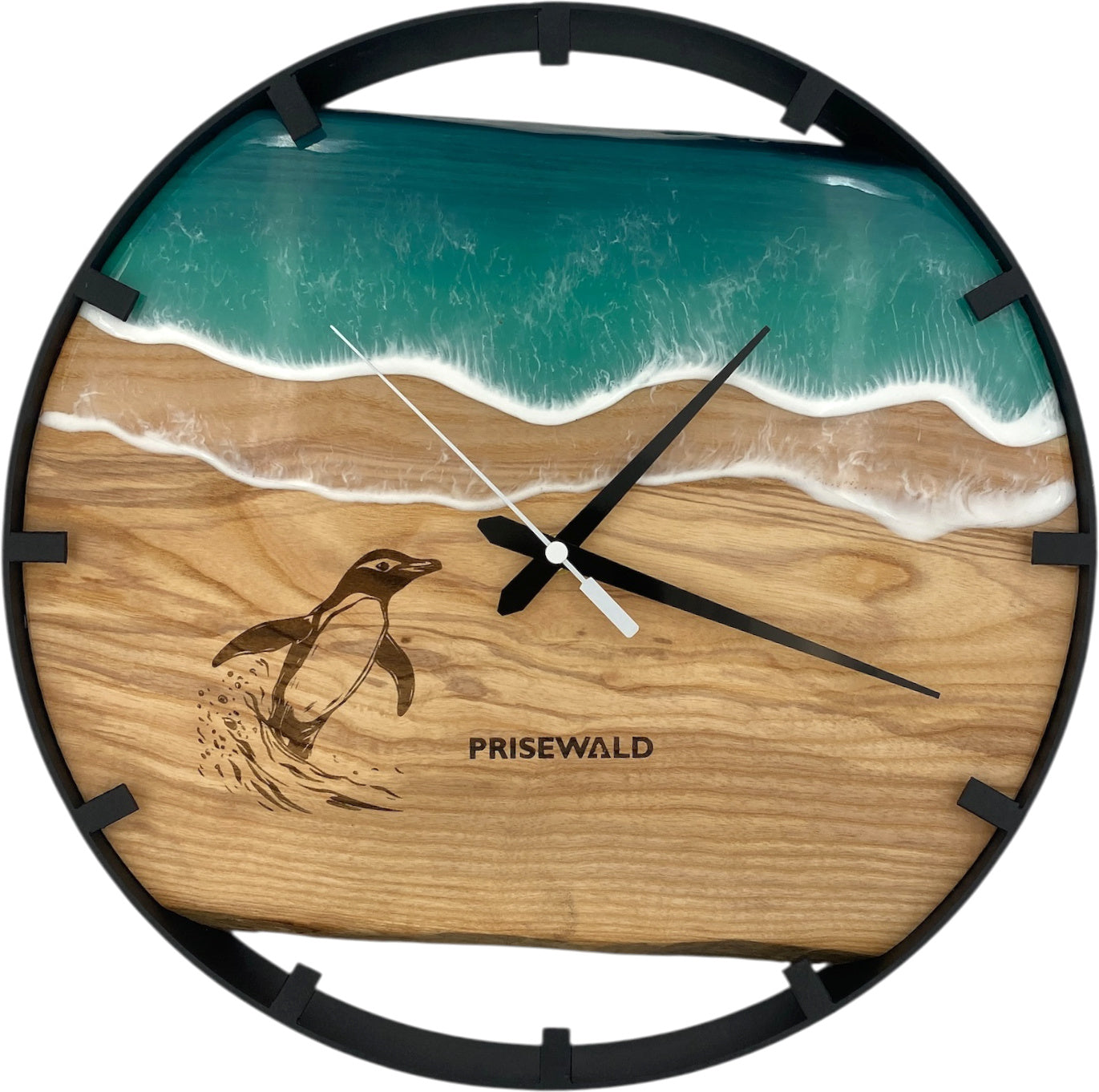 Runde Wanduhr aus Eschenholz, 35 cm, schwarzer Rahmen, Teilstriche Ziffern, türkises Epoxidharz, Pinguin