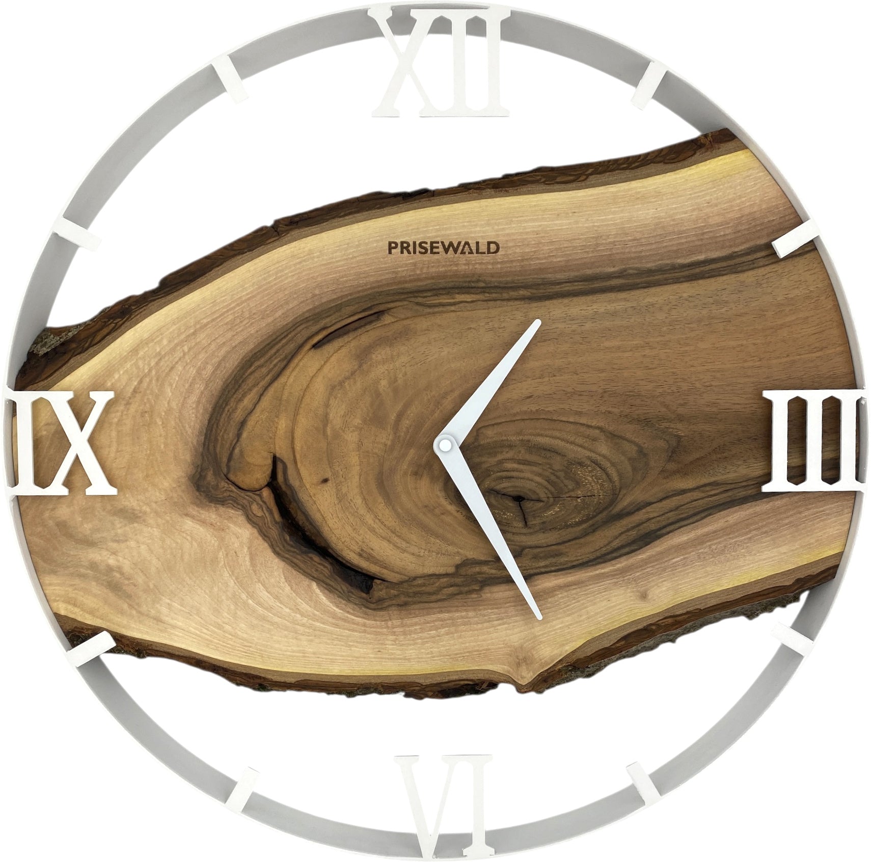 Runde Wanduhr aus Walnussholz, 50 cm, weisser Rahmen, römische Ziffern - PRISEWALD