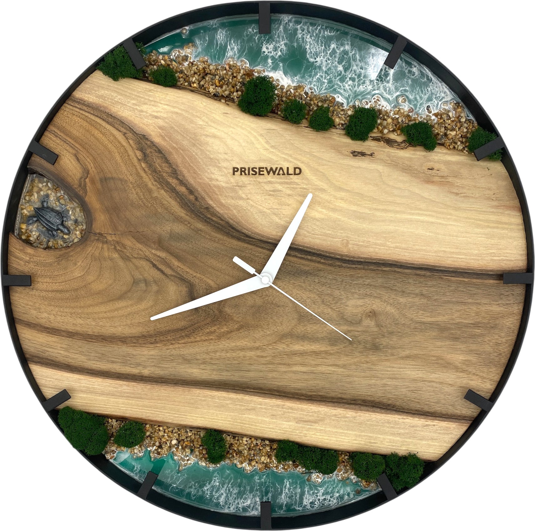 Runde Wanduhr aus Walnussholz, 50 cm, schwarzer Rahmen, Teilstriche Ziffern, türkises Epoxidharz, grünes Moos, Steine, Insel, Küste - PRISEWALD