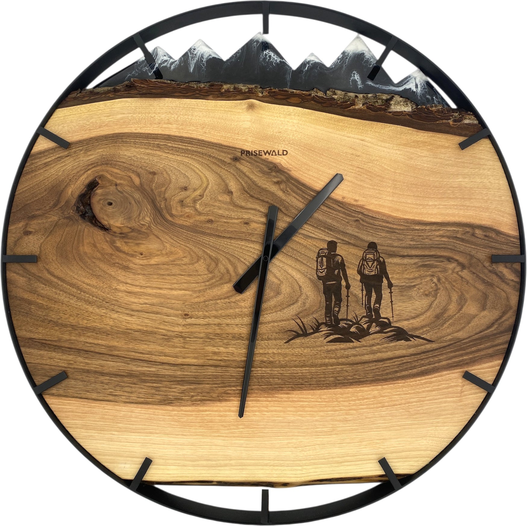 Runde Wanduhr aus Walnussholz, 70 cm, schwarzer Rahmen, Teilstriche Ziffern, schneebedeckte Berge, Wanderer - PRISEWALD