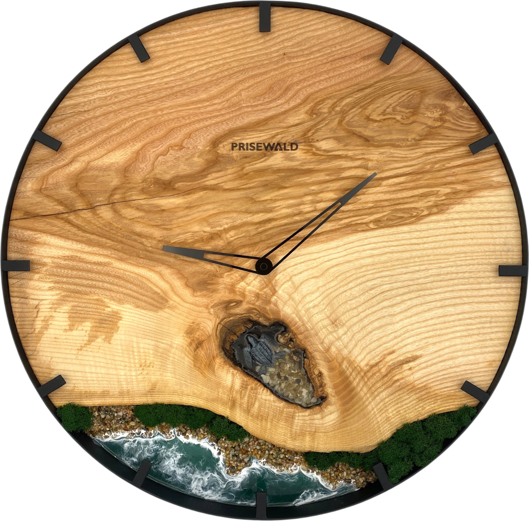 Runde Wanduhr aus Eschenholz, 50 cm, schwarzer Rahmen, Teilstriche Ziffern, türkises Epoxidharz, grünes Moos, Steine, Insel, Küste, Schildkröte - PRISEWALD