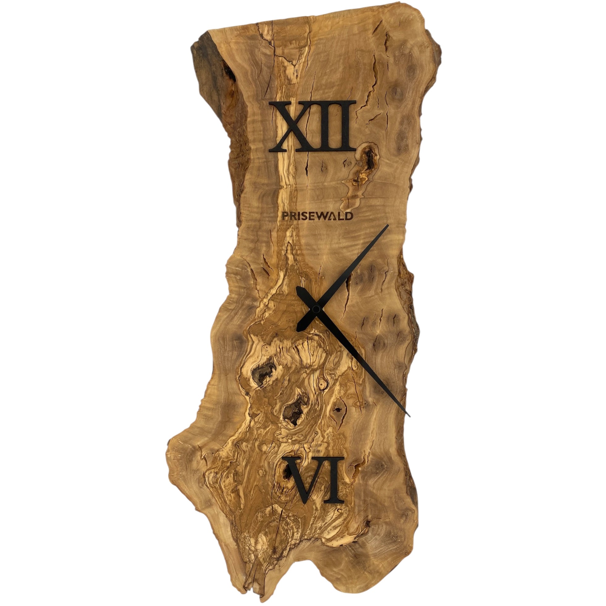 Asymmetrische Form Wanduhr aus Olivenholz, Länge 53 cm, schwarze römische Ziffern - PRISEWALD