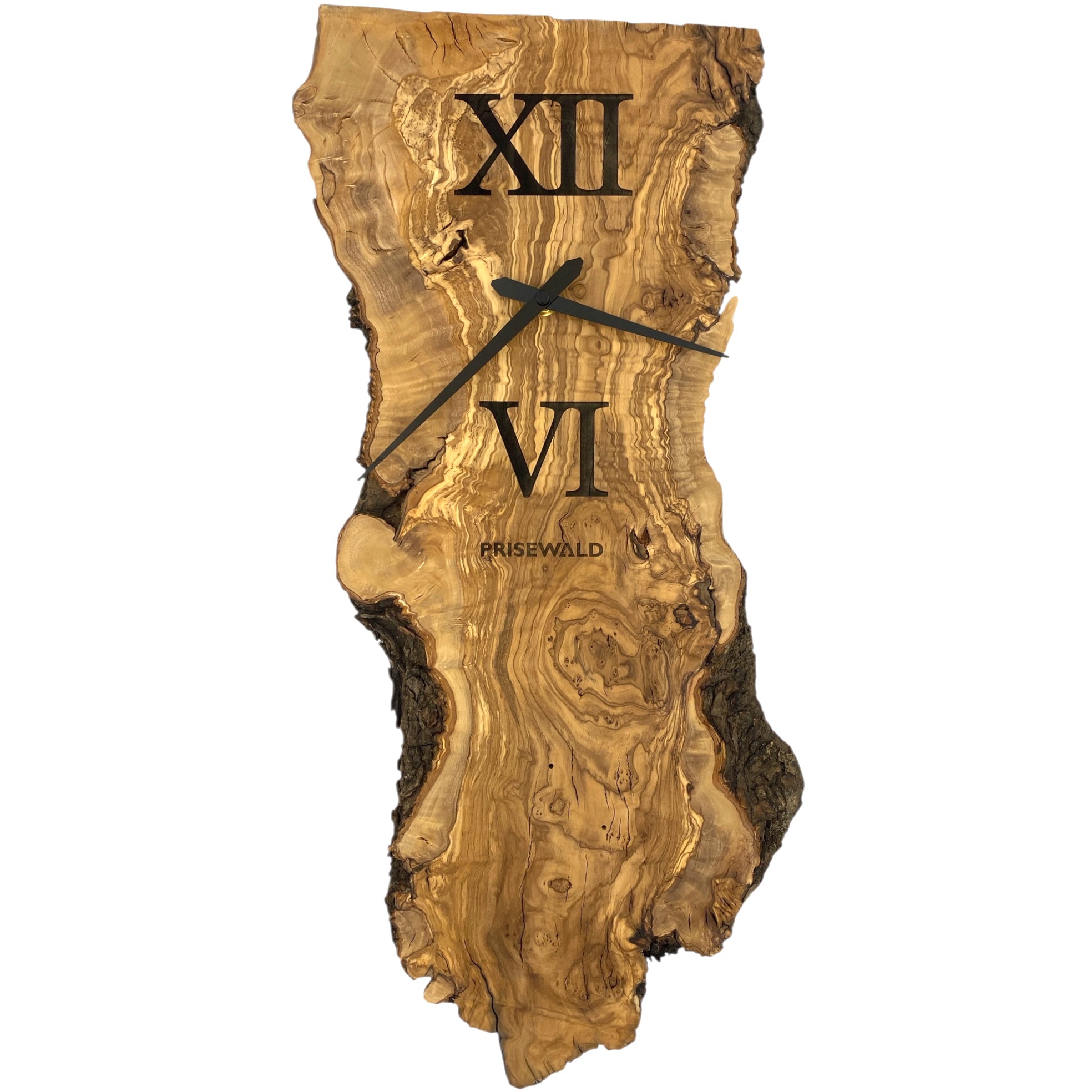 Asymmetrische Form Wanduhr aus Olivenholz, Länge 56 cm, schwarze römische Ziffern - PRISEWALD
